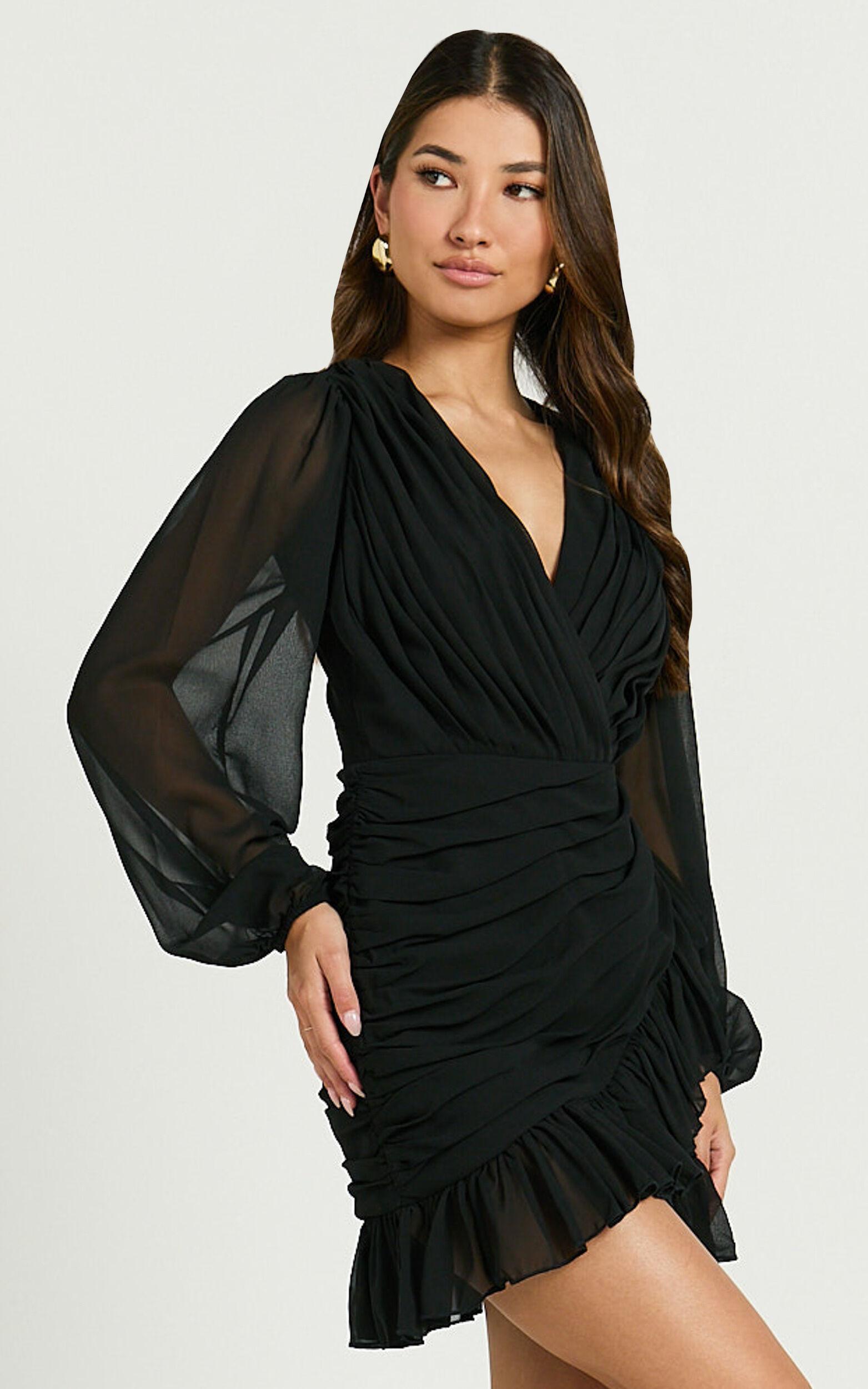 Can I Be Your Honey Mini Dress - Plunge Balloon Sleeve Dress in Black Product Image