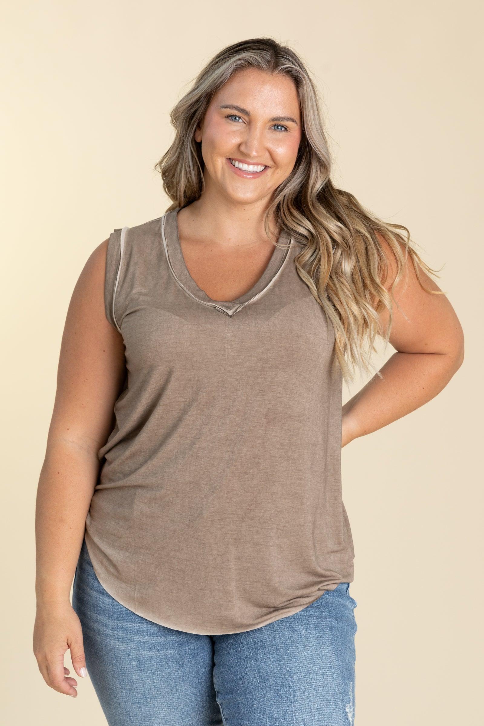 Washed V-Neck Raw Hem Knit Tanks Product Image