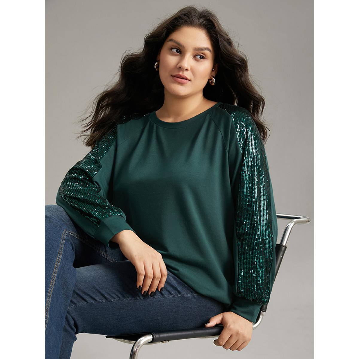 Plus Size Solid Sequin Patchwork Raglan Sleeve Sweatshirt Women DarkGreen Elegant Elastic cuffs Round Neck Dailywear Sweatshirts BloomChic 26/4X Product Image