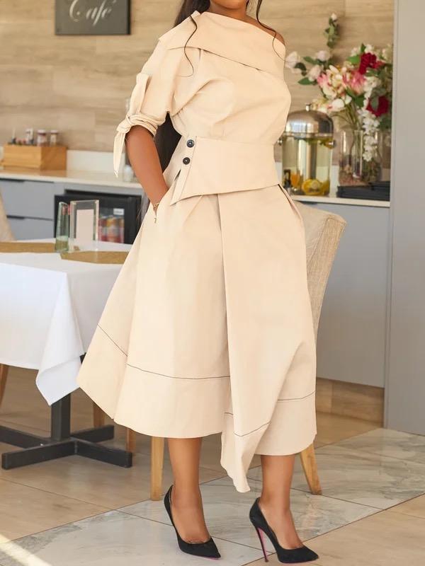 Loose Three-Quarter Sleeves Asymmetric Buttoned Solid Color One-Shoulder Blouses&Shirts Tops Product Image