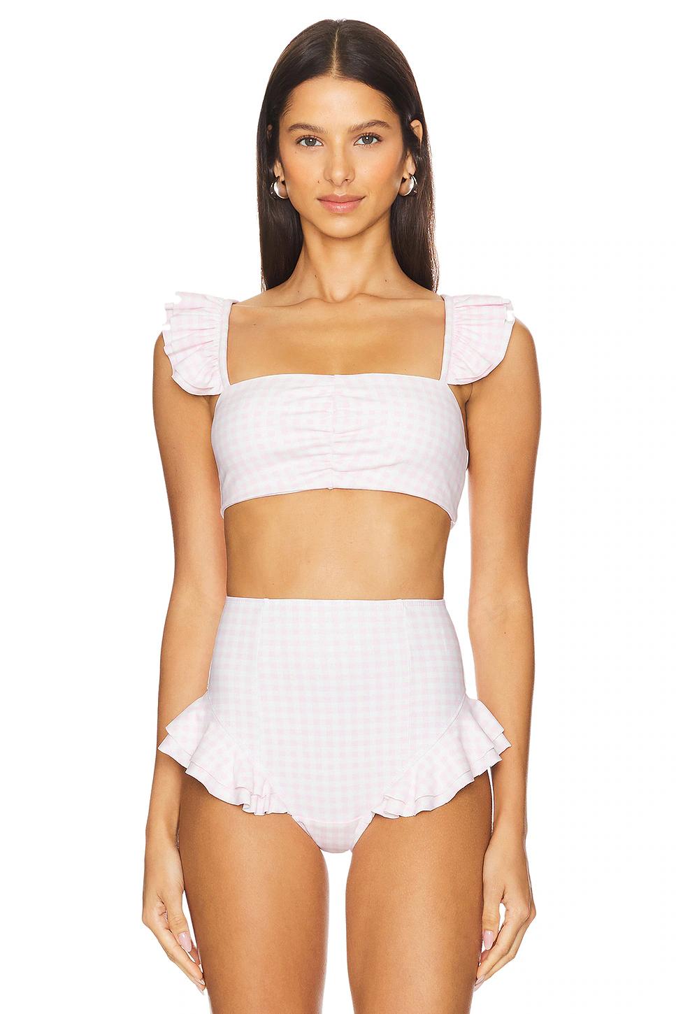 The Pink Gingham Ruffle Bikini Top Product Image