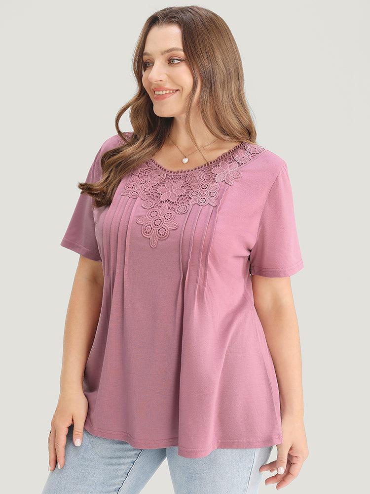 Solid Floral Patchwork Pleated Front T-shirt Female Product Image