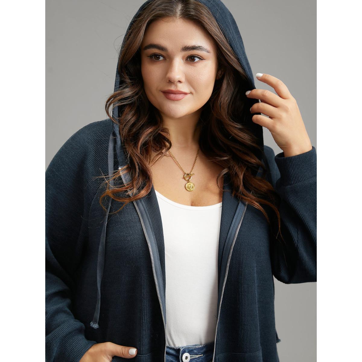 Plus Size Rib Knit Raglan Sleeve Hooded Drawstring Sweatshirt Women Indigo Casual Texture Hooded Dailywear Sweatshirts BloomChic 12/L Product Image