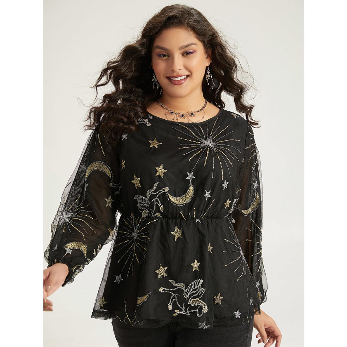 Plus Size Black Halloween Star Elastic Waist Mesh Patchwork Lantern Sleeve Blouses Women Elegant Long Sleeve Round Neck Festival-Halloween Blouses BloomChic 10/M Product Image