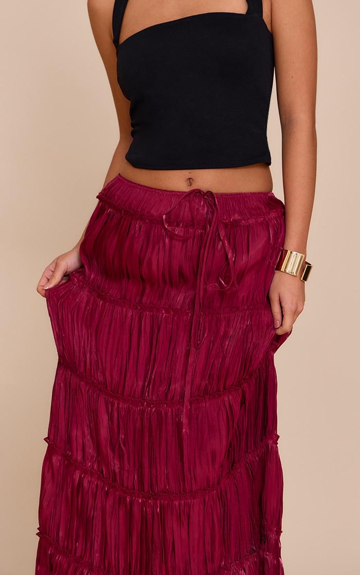  Deep Red Drawstring Frill Tiered Maxi Skirt Product Image