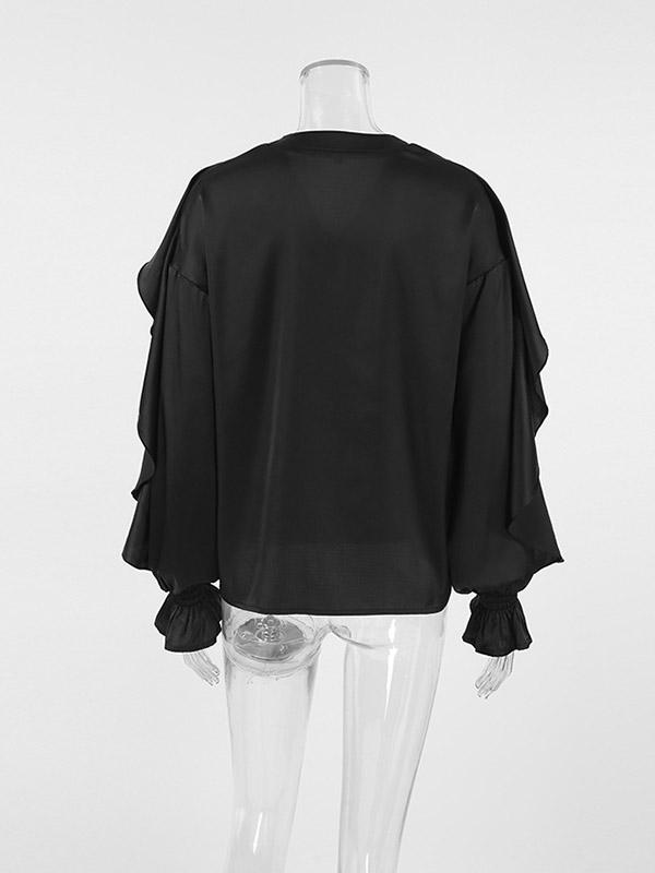 Loose Puff Sleeves Solid Color Split-Joint Tiered V-Neck Blouses&Shirts Tops Product Image