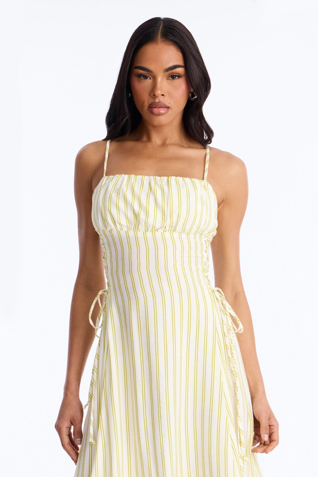 Claire Lace Up Pinstripe Midi Dress - Sage/combo Female Product Image