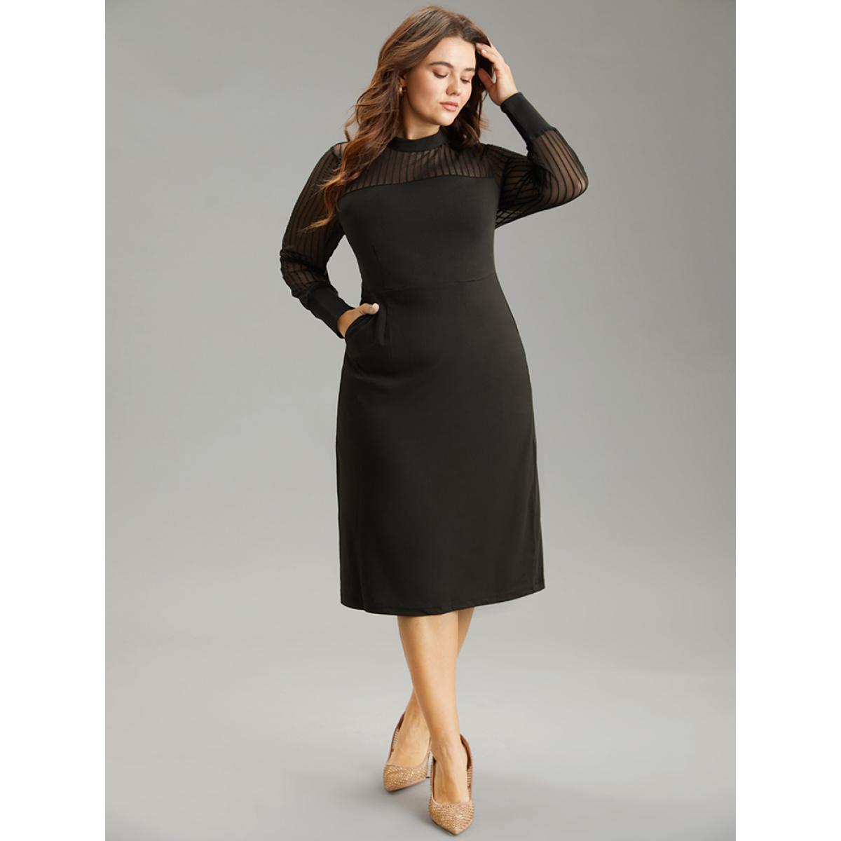 Plus Size Mock Neck Cut Out Patchwork Mesh Dress Black Women Office See through Mock Neck Long Sleeve Curvy Midi Dress BloomChic 26/4X Product Image