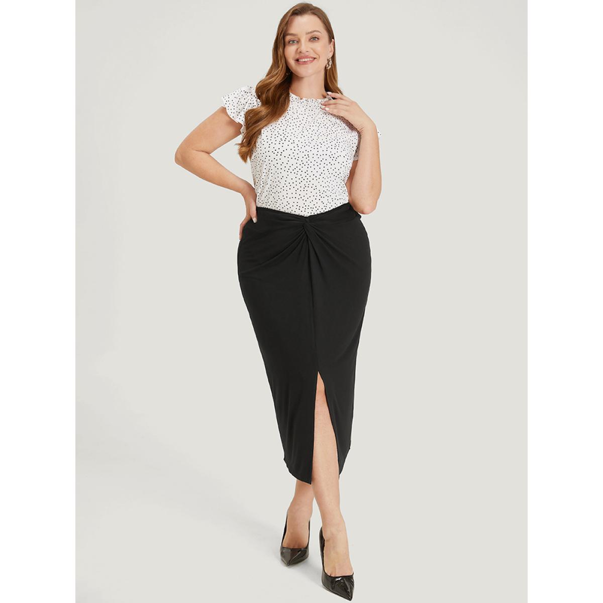 Plus Size Plain Twist Front Split Hem Midi Skirt Women Black Office Plain Low stretch Work Skirts BloomChic 30/6X Product Image