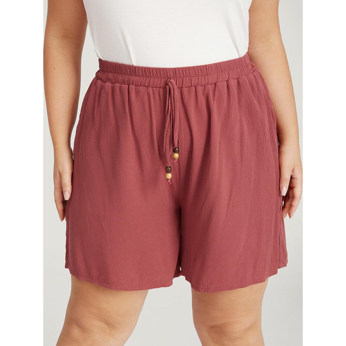 Plus Size Plain Ties Pocket Beaded Detail Shorts Women Rouge Vacation Beaded Dailywear Shorts BloomChic 10/M Product Image