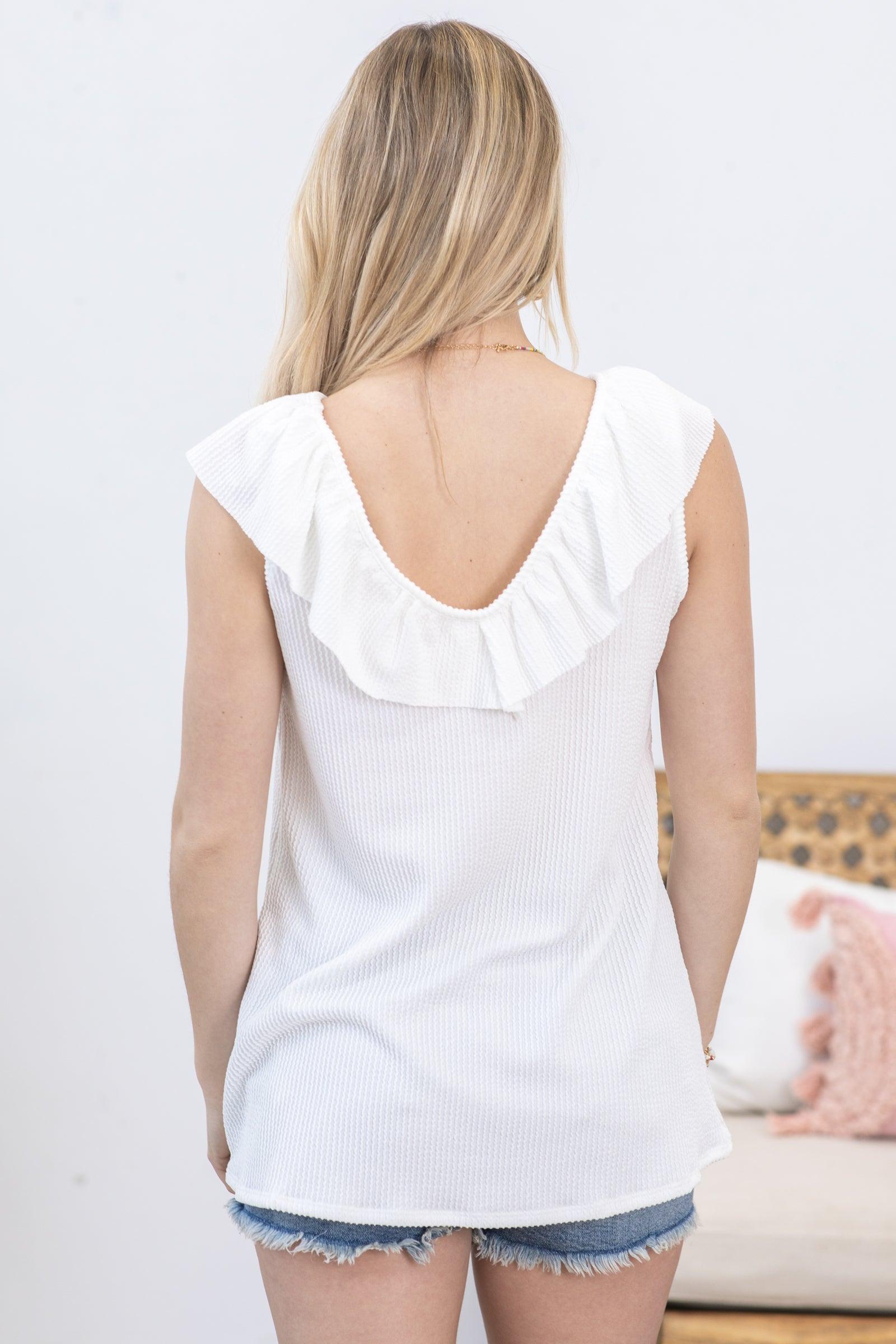 Ivory Ruffled V-Neck Ribbed Knit Tank Product Image
