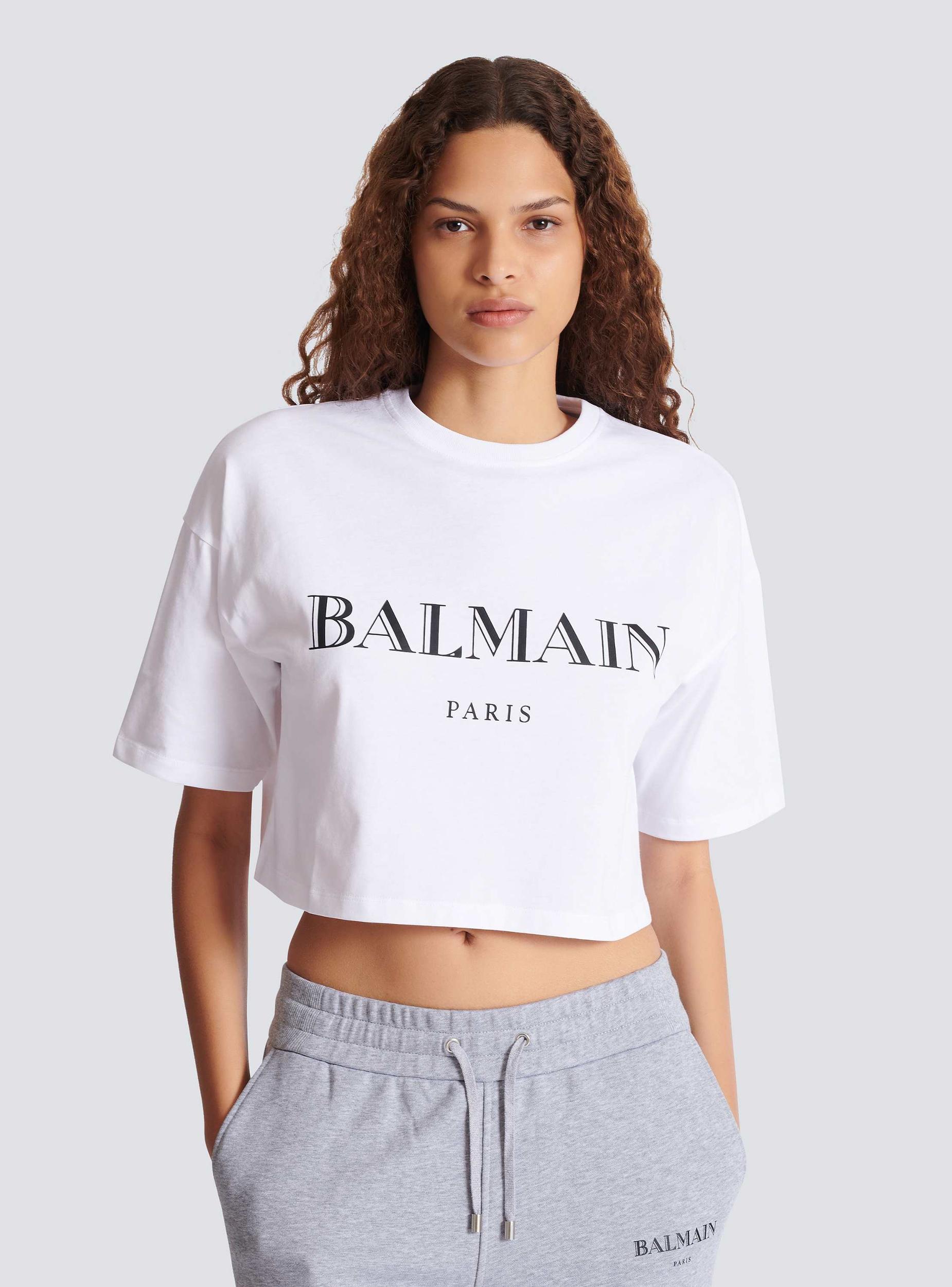 Boxy cropped T-shirt with Balmain print Product Image
