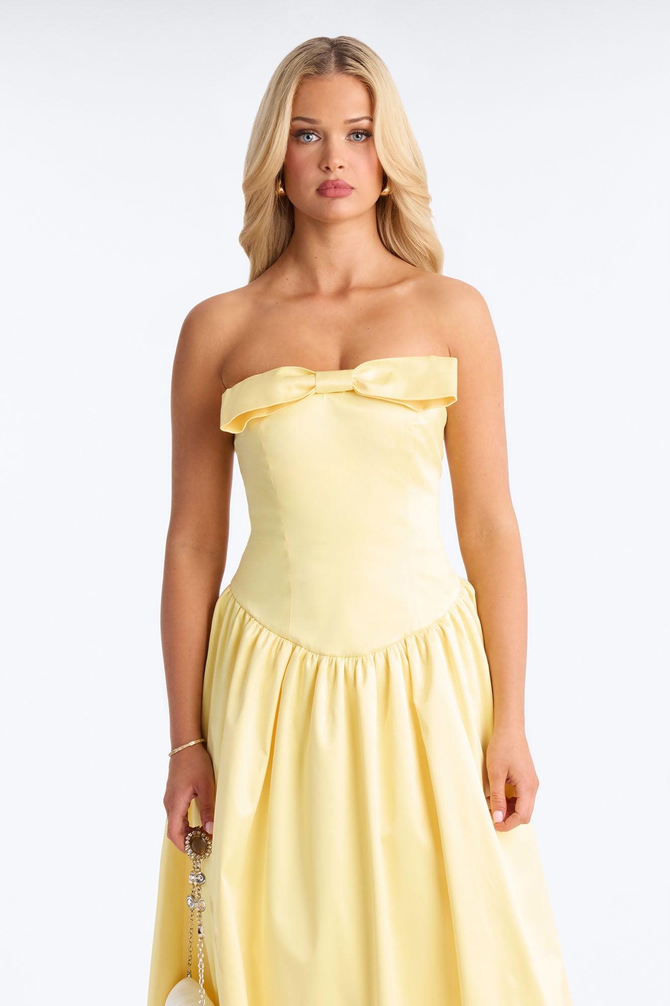 Darling Bow Satin Midi Dress - Butter Yellow Female Product Image