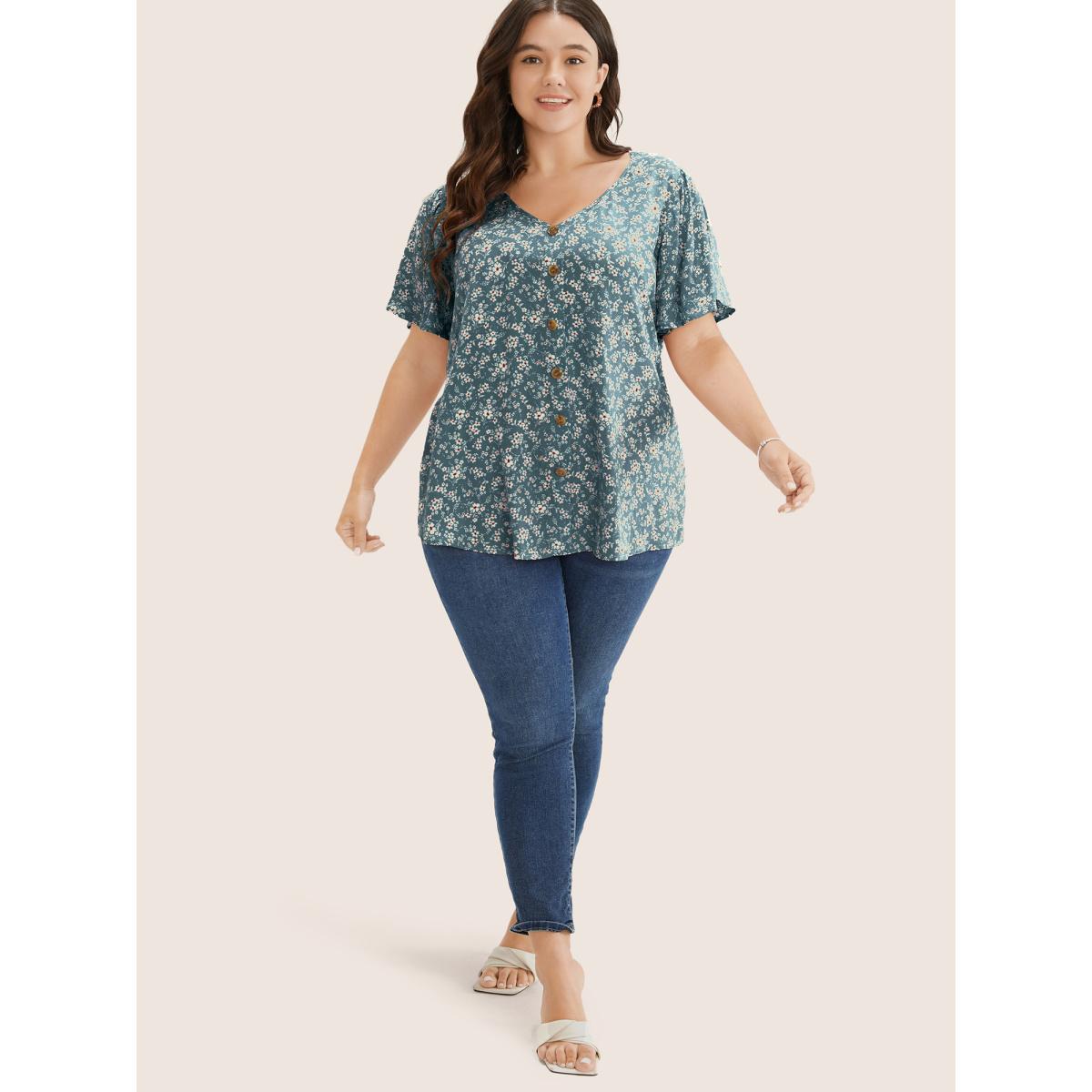 Plus Size Aegean Ditsy Floral Contrast Ruffle Sleeve Button Detail Blouse Women Timeless Short sleeve Non Elegant Blouses BloomChic 18-20/2X Product Image