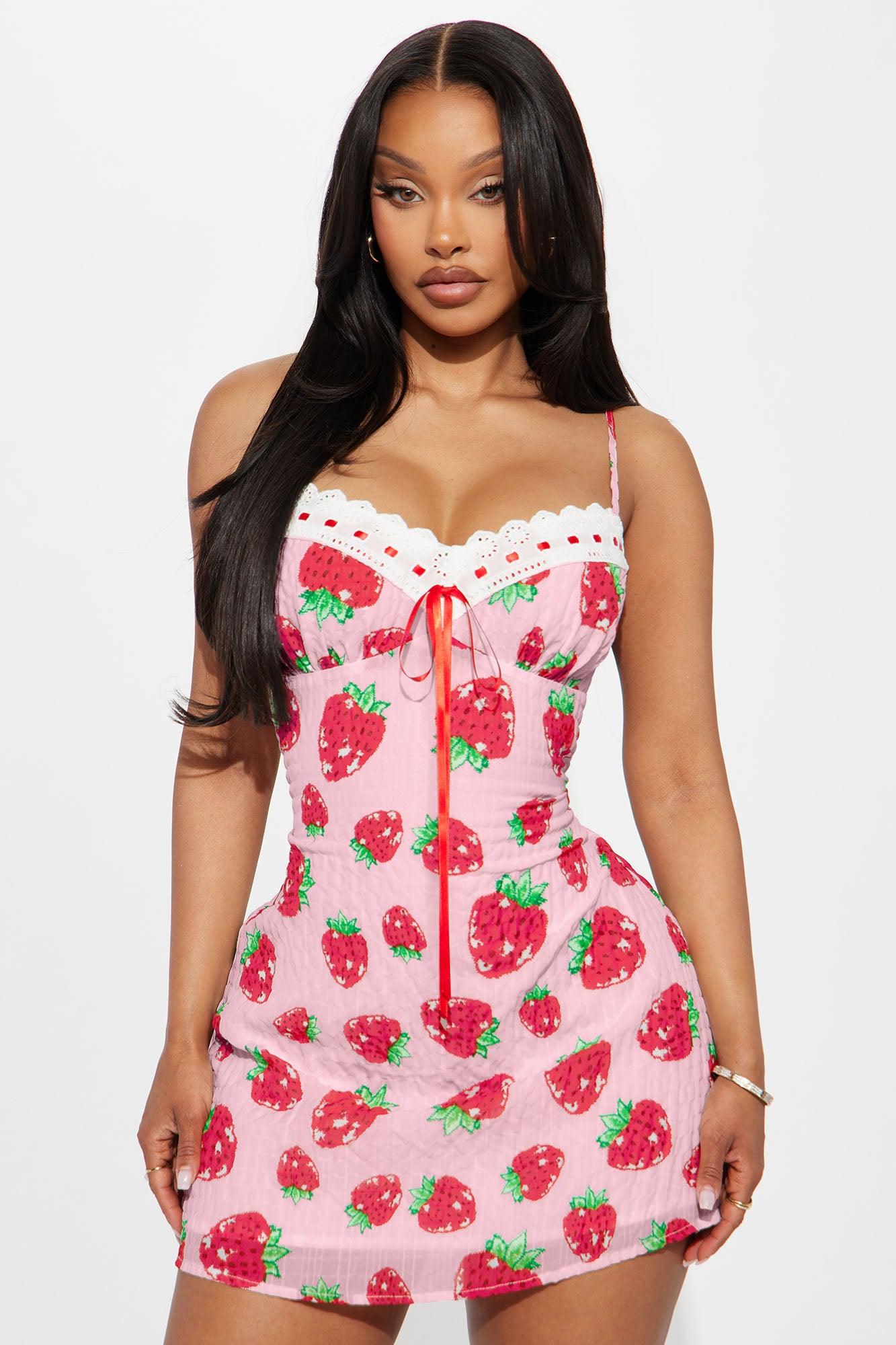 Strawberry Dreams Chiffon Micro Mini Dress - Pink/combo Female Product Image
