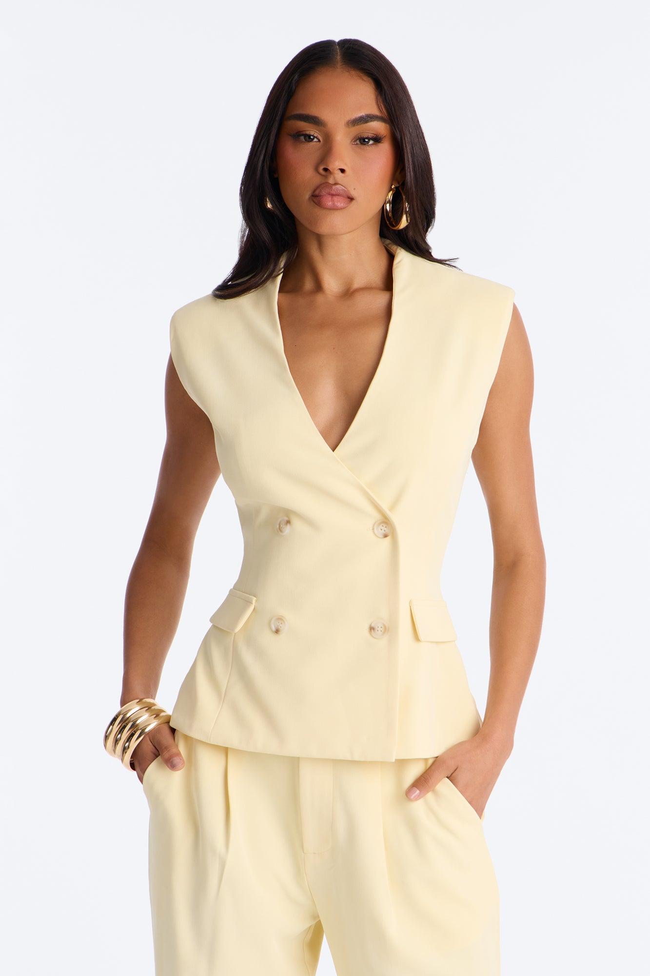 Everything in Order Double Breasted Sleeveless Fitted Blazer - Butter Yellow Female Product Image