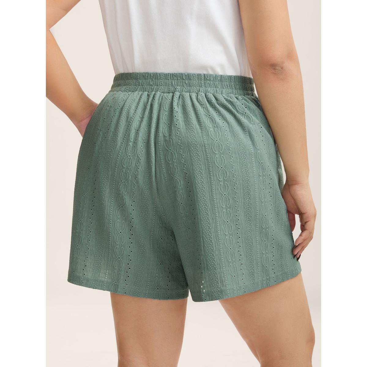 Plus Size Eyelet Trim Textured Breezy Shorts Women Greenbean Casual Texture Straight Leg Casual Shorts BloomChic 22-24/3X Product Image