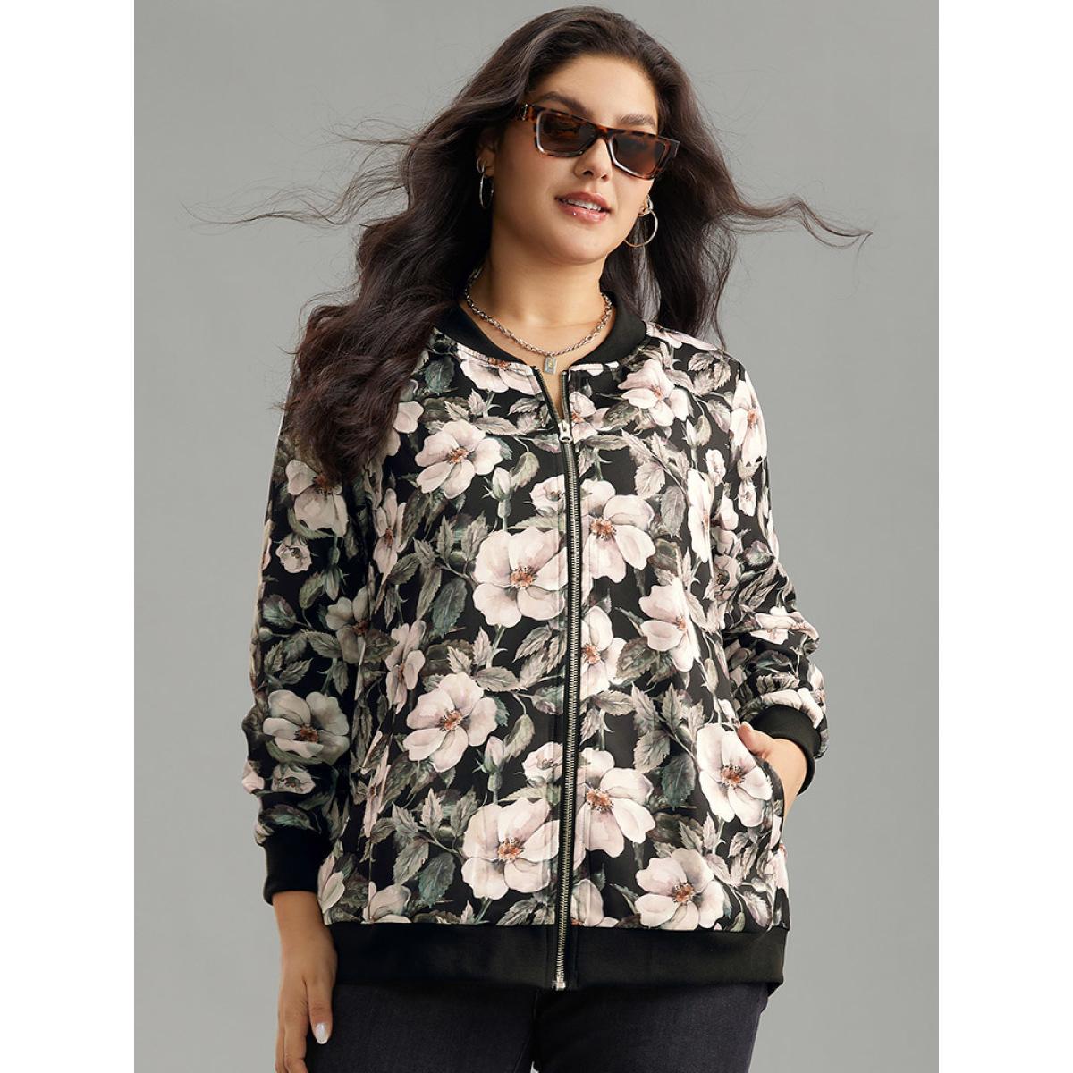 Plus Size Floral Print Patchwork Zipper Jacket Women BlackFlower Elastic cuffs Pocket Everyday Jackets BloomChic 14-16/1X Product Image