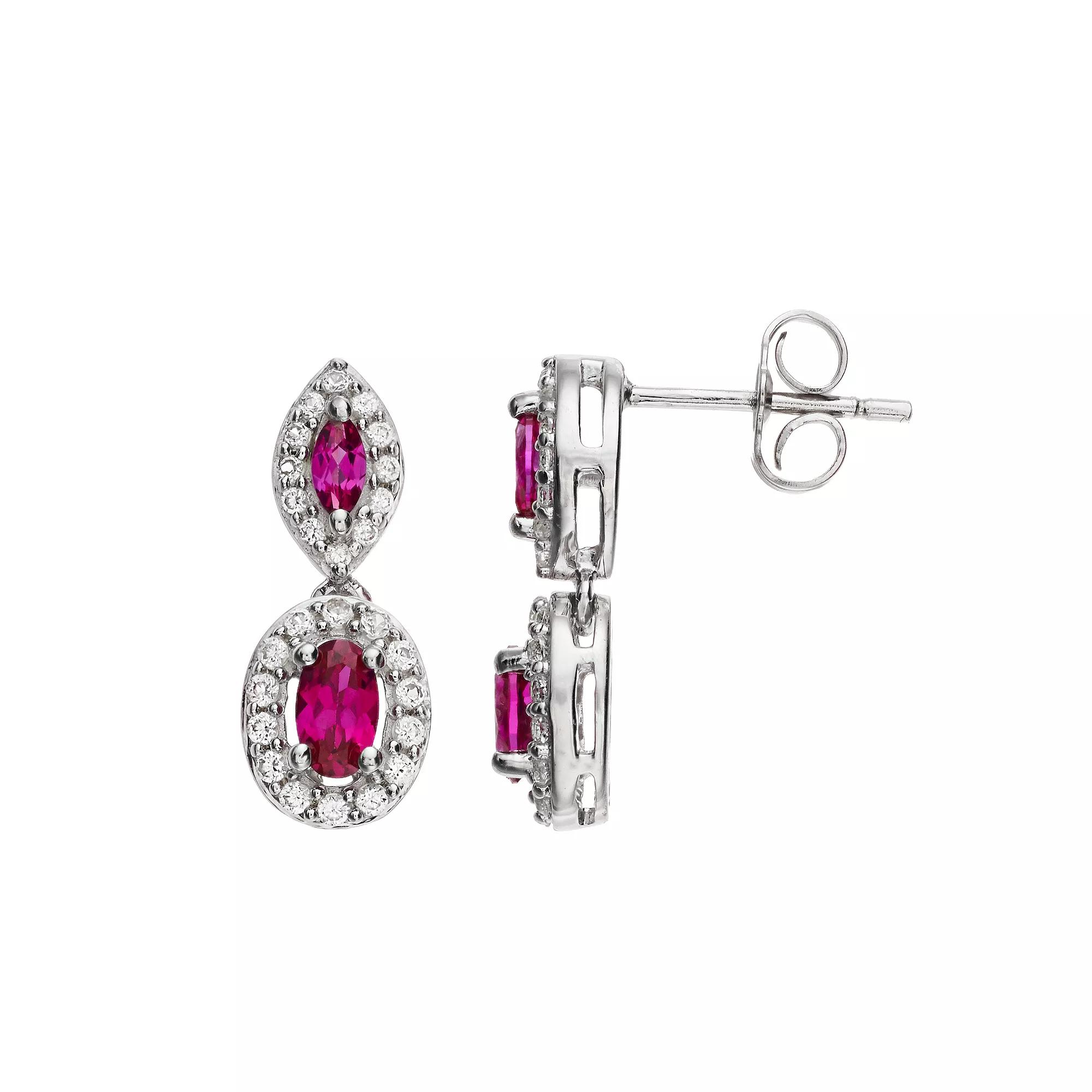 LeRose by Lexi and Rose Sterling Silver Lab-Created Gemstone & Lab-Created White Sapphire Drop Earrings, Women's, Created Red Product Image