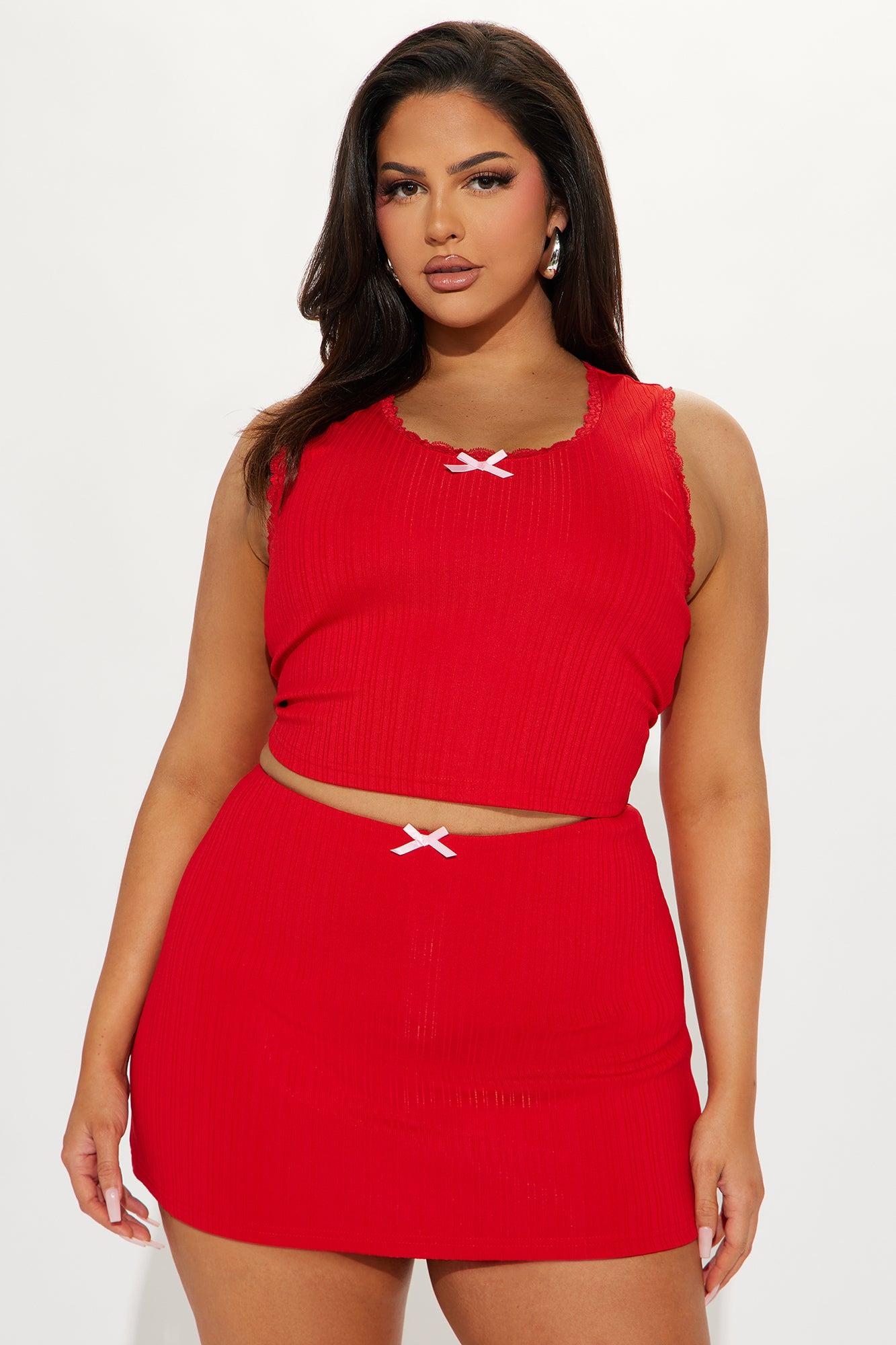 Bow Love Ribbed Skirt Set - Red Product Image