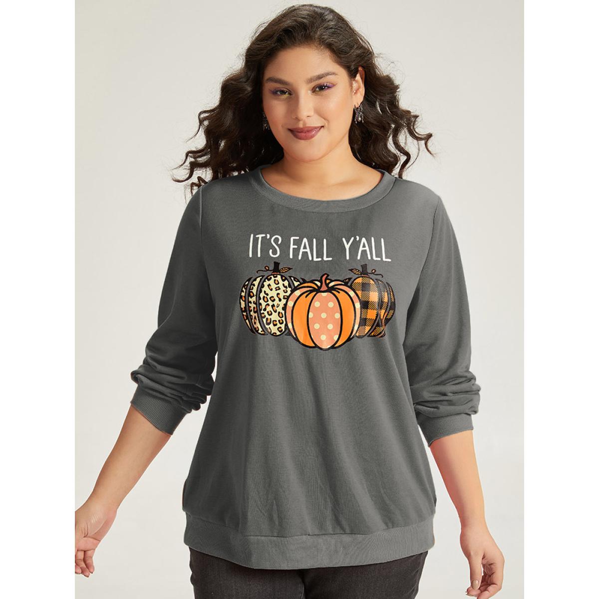 Plus Size Halloween Pumpkin Crew Neck Elastic Cuffs Sweatshirt Women Gray Casual Elastic cuffs Festival-Halloween Sweatshirts BloomChic 26/4X Product Image