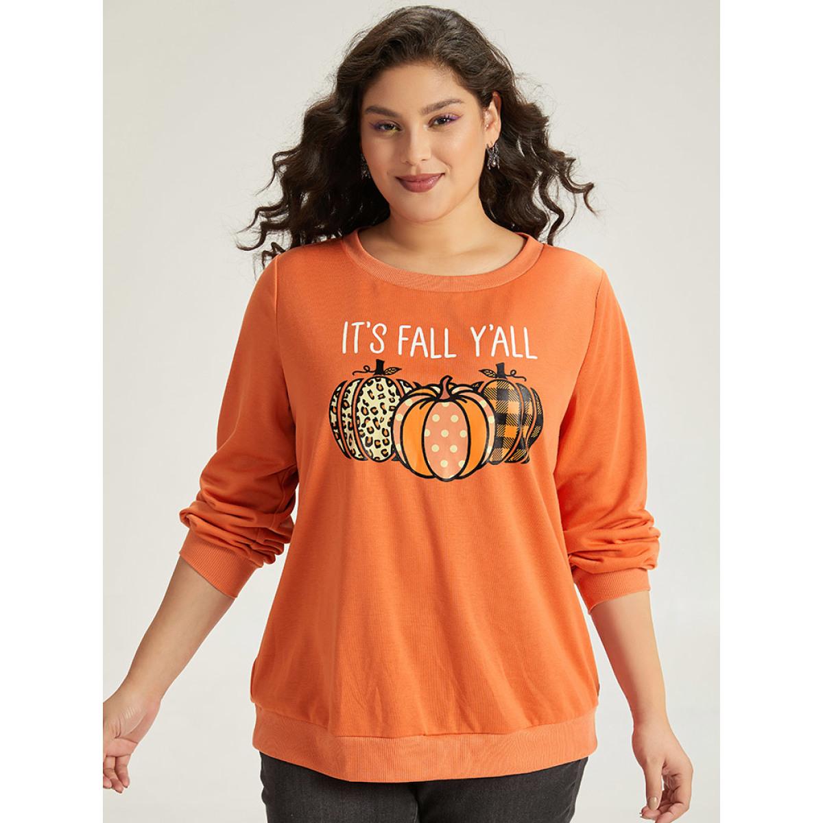 Plus Size Halloween Pumpkin Crew Neck Elastic Cuffs Sweatshirt Women Coral Casual Elastic cuffs Festival-Halloween Sweatshirts BloomChic 28/5X Product Image