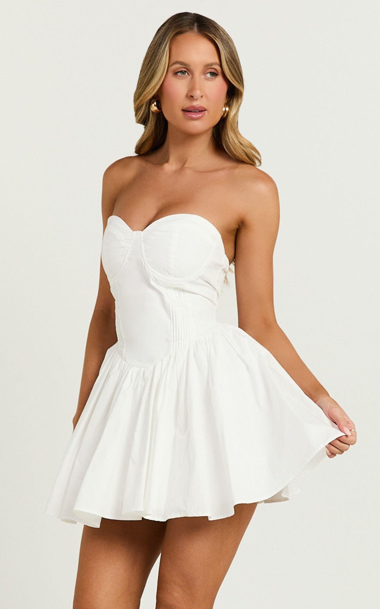 Suzanna Mini Dress - Strapless Pleat Full Skirt Mini in White Product Image