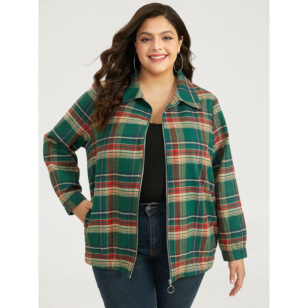 Plus Size Plaid Contrast Zipper Pocket Jacket Women Emerald Elastic cuffs Pocket Dailywear Jackets BloomChic 14-16/1X Product Image
