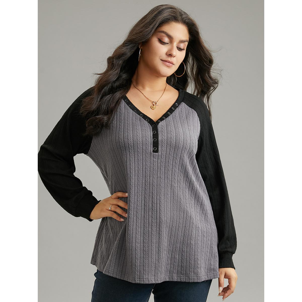 Plus Size Textured Contrast Button Detail Raglan Sleeve Sweatshirt Women Gray Casual Texture V-neck Dailywear Sweatshirts BloomChic 28/5X Product Image