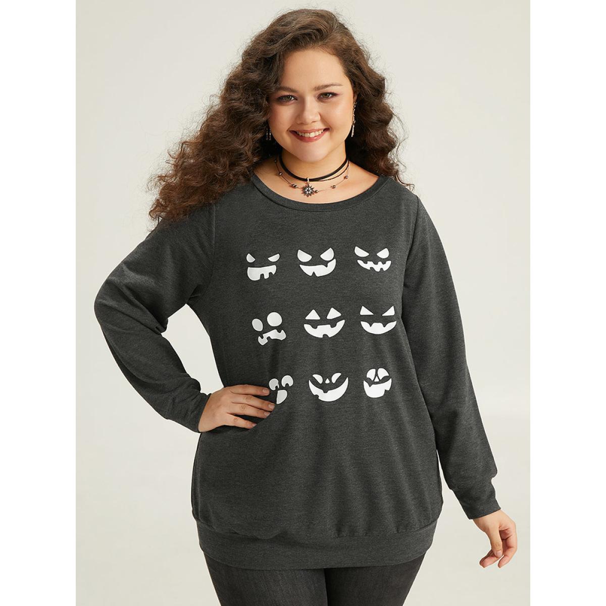 Plus Size Round Neck Halloween Print Sweatshirt Women DimGray Casual Printed Festival-Halloween Sweatshirts BloomChic 10/M Product Image