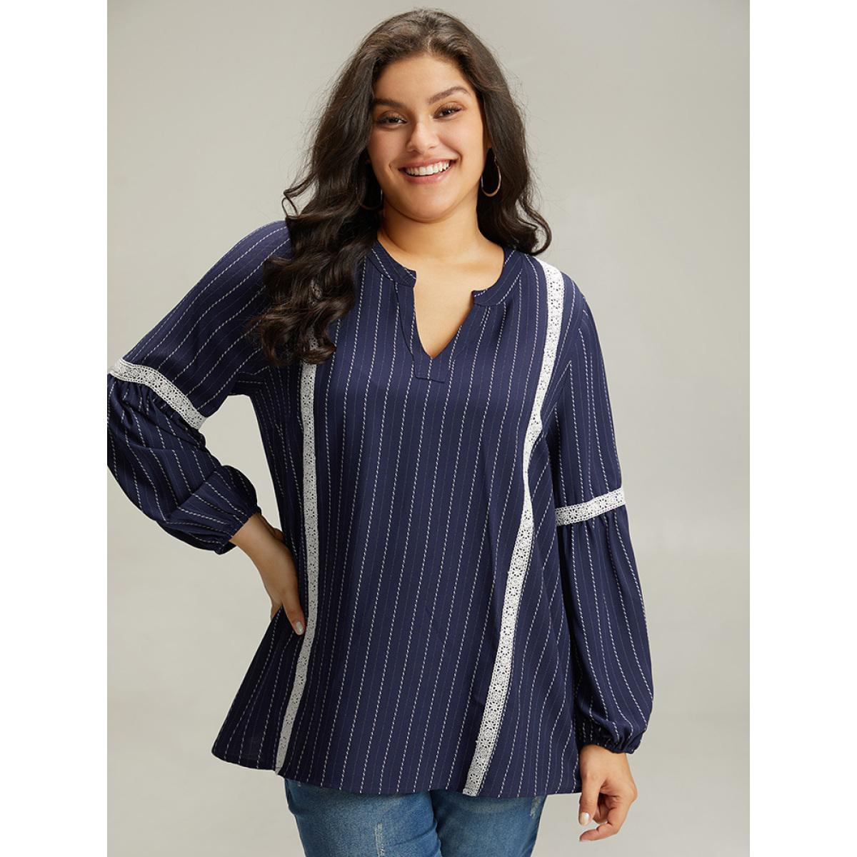 Plus Size Indigo Striped Guipure Lace Notched Lantern Sleeve Blouse Women Office Long Sleeve Notched collar Work Blouses BloomChic 30/6X Product Image