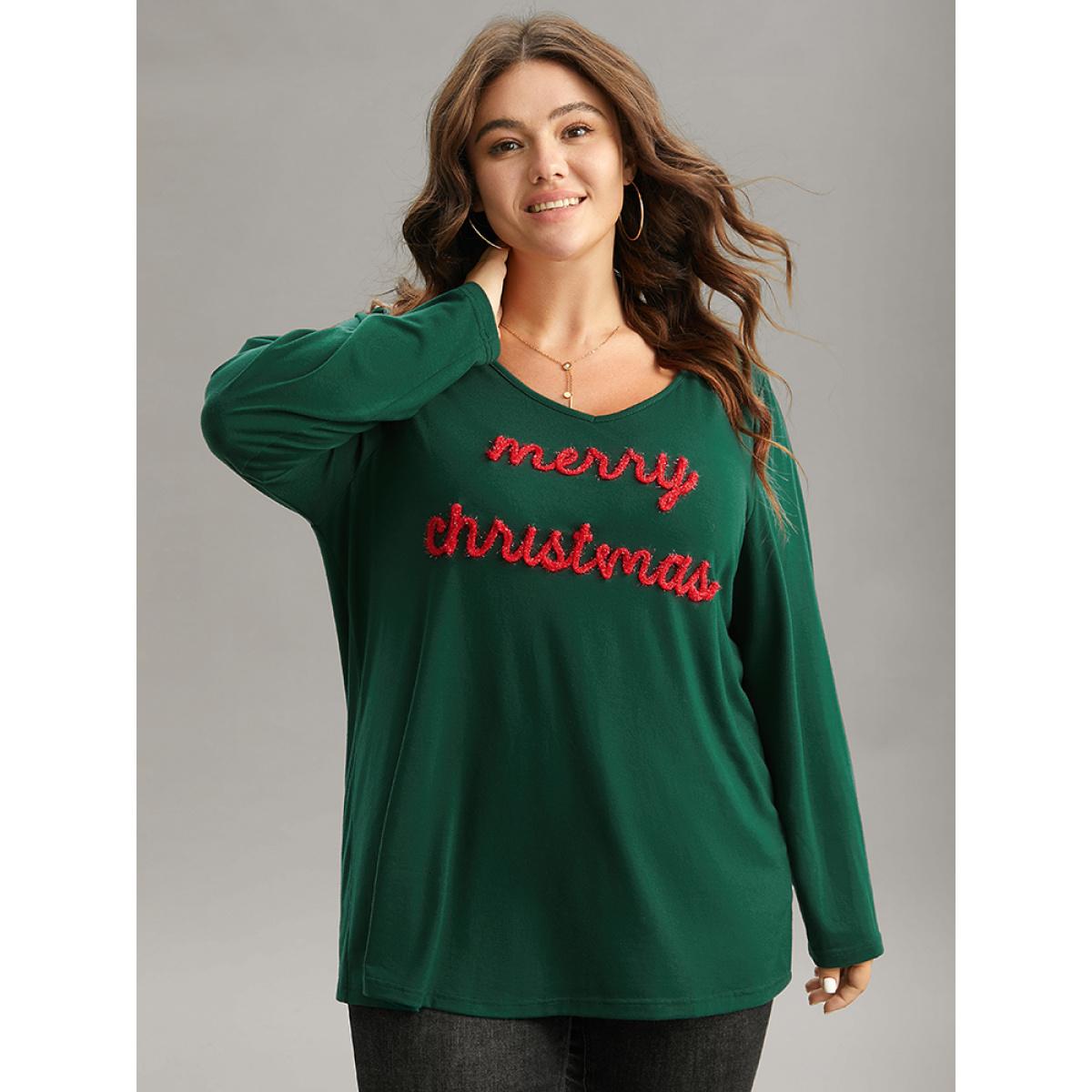 Plus Size Christmas Letter Embroidered Contrast T-shirt DarkGreen Women Casual Contrast Christmas Festival-Christmas T-shirts BloomChic 22-24/3X Product Image