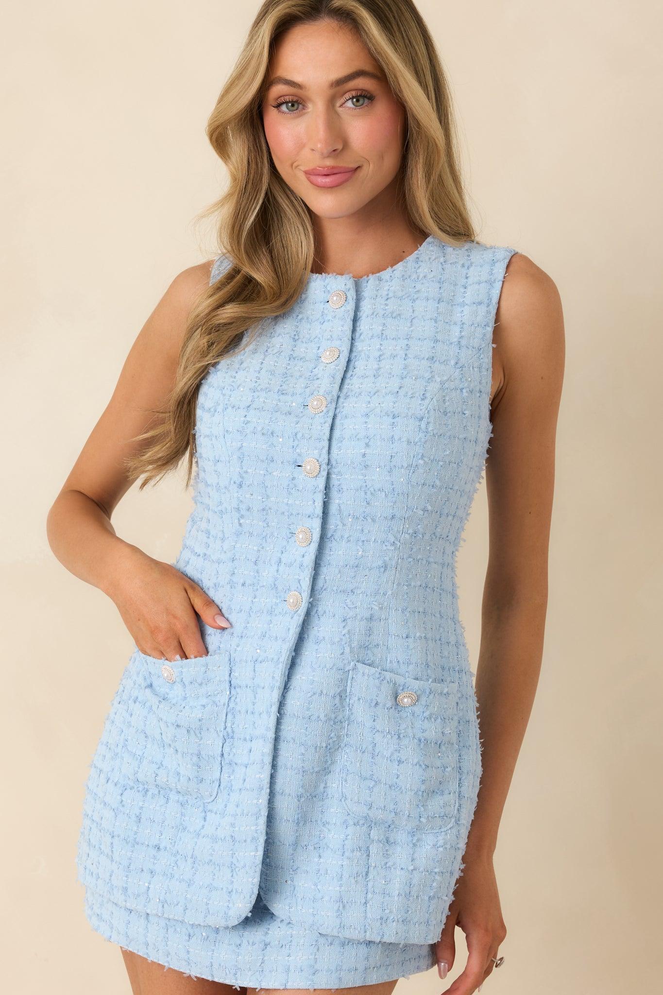 Won’t Back Down Light Blue Textured Woven Sleeveless Mini Dress Product Image