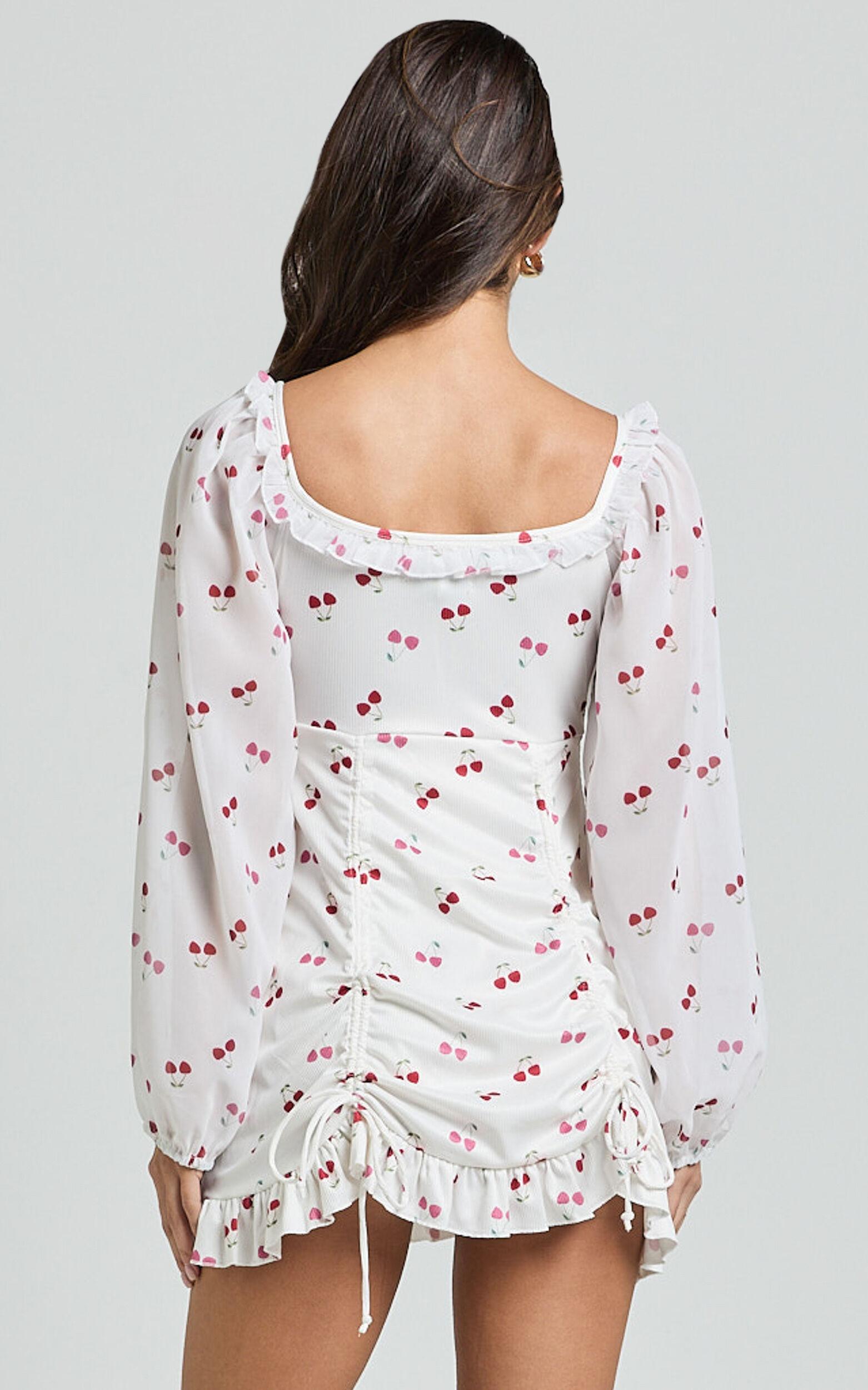 Francia Mini Dress - Long Sleeve Gathered Frill Hem Detail Dress in Cherry Print Product Image