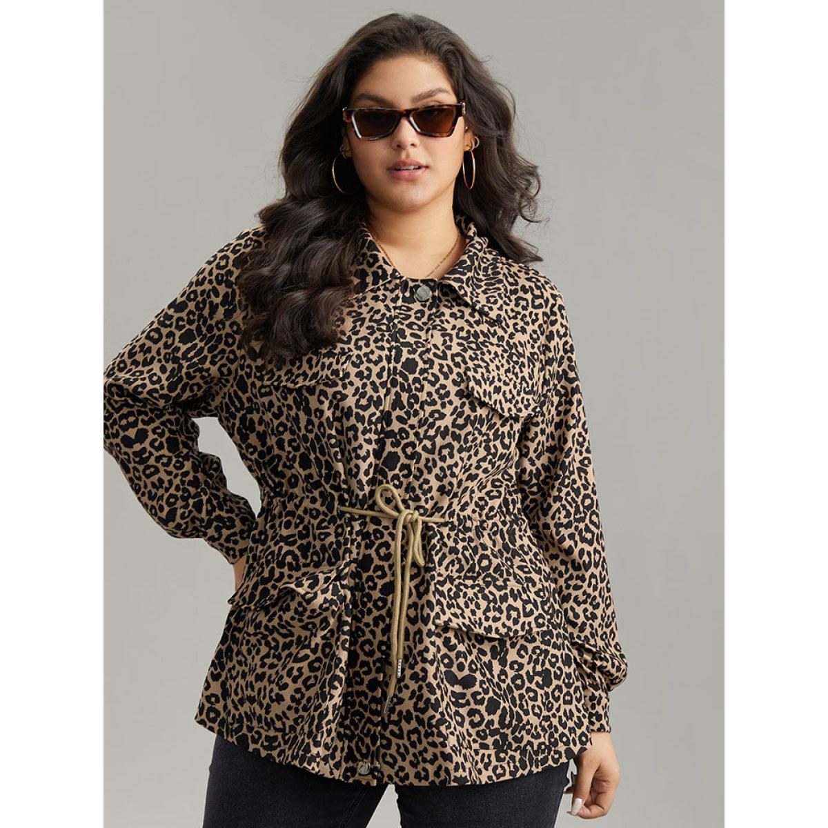 Plus Size Leopard Zipper Drawstring Knot Pocket Jacket Women LightBrown Contrast Pocket Dailywear Jackets BloomChic 22-24/3X Product Image