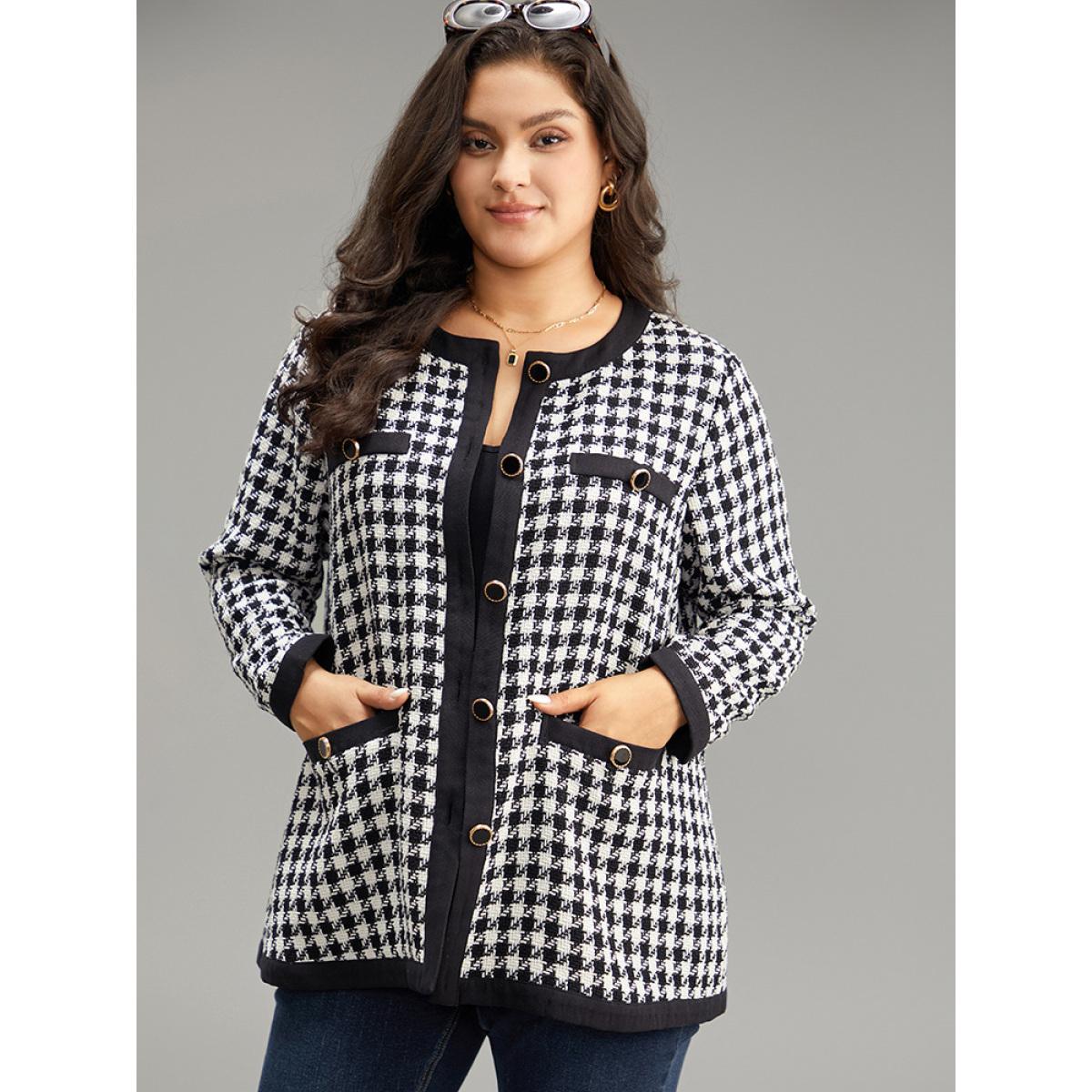 Plus Size Twill Houndstooth Button Detail Pocket Coat Women Black Elegant Texture Ladies Everyday Winter Coats BloomChic 28/5X Product Image