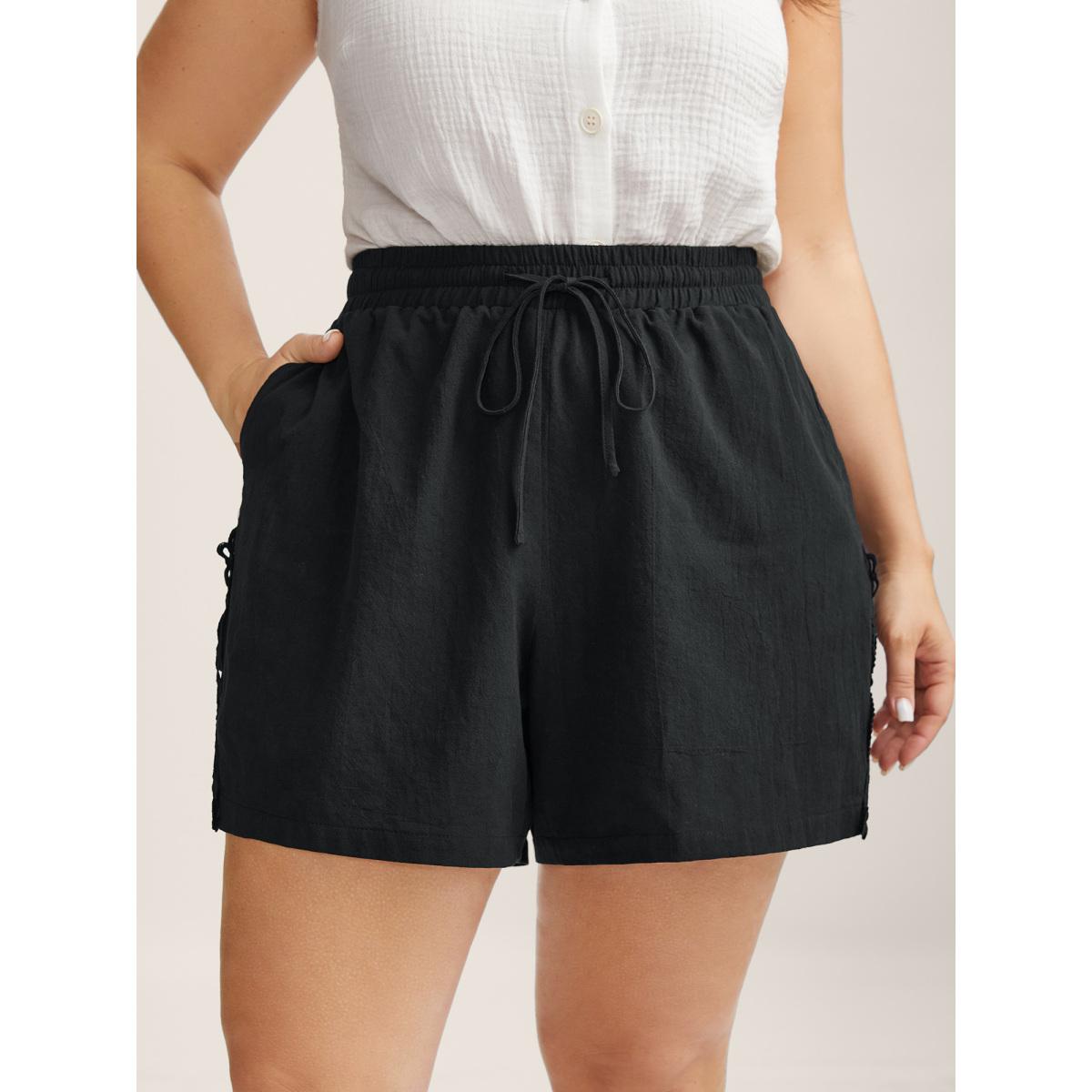 Plus Size Lace Trim Waist Drawstring Shorts Women Black Boho Vacation Shorts BloomChic 18-20/2X Product Image