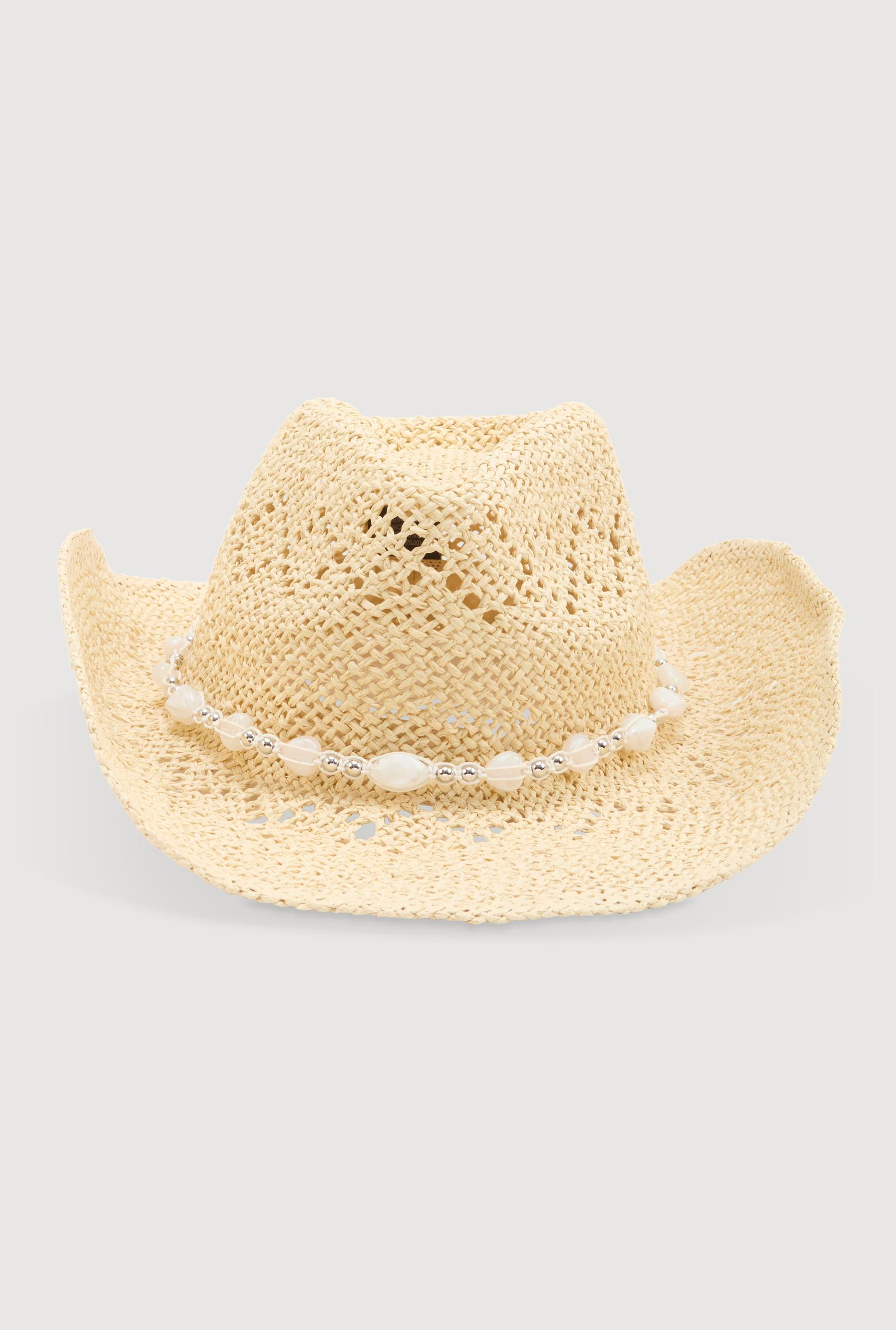 Beaded Trim Straw Cowboy Hat Female Product Image