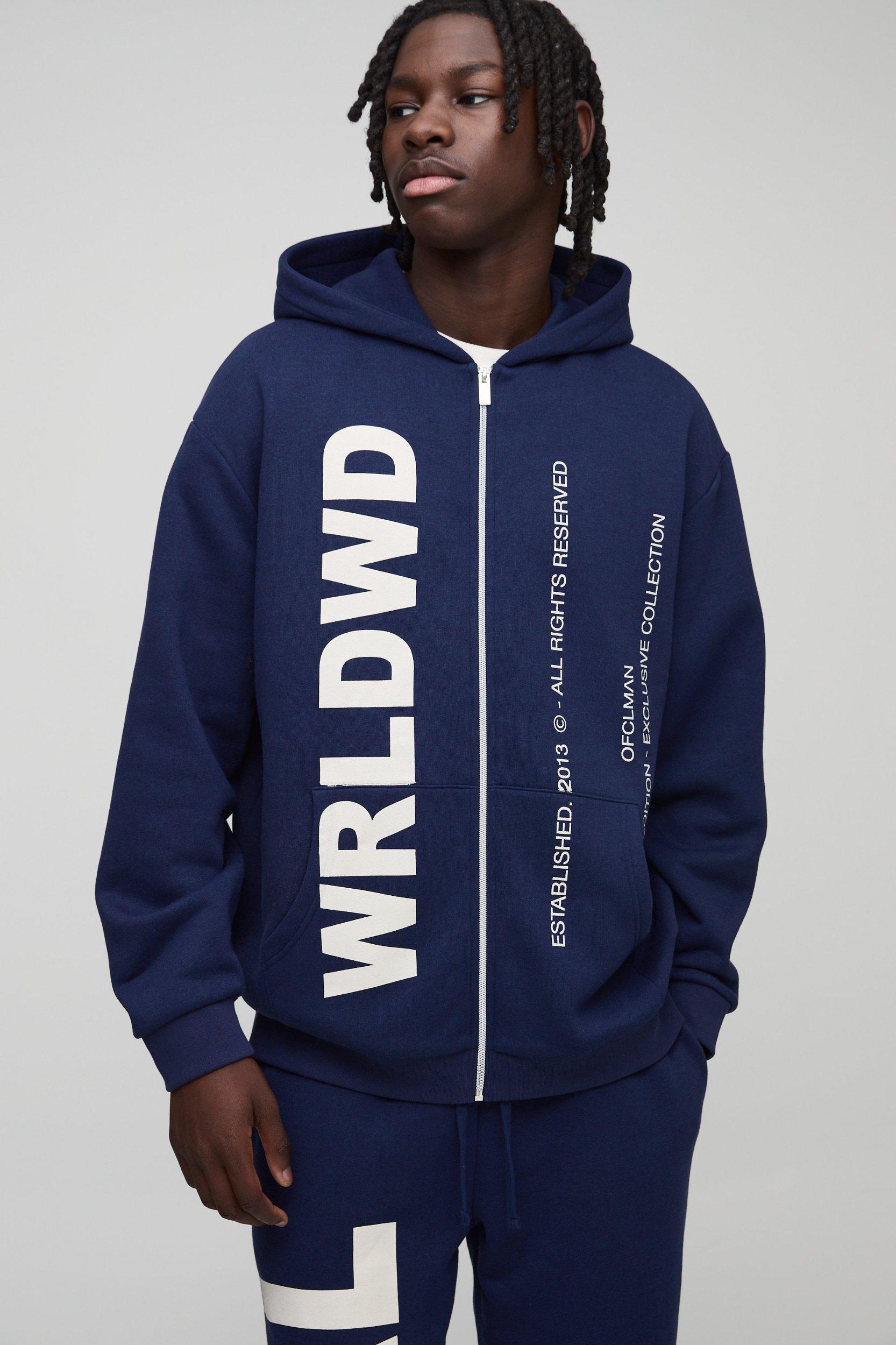 Oversized Worldwide Official Text Print Zip Through Tracksuit | boohooMAN USA Product Image