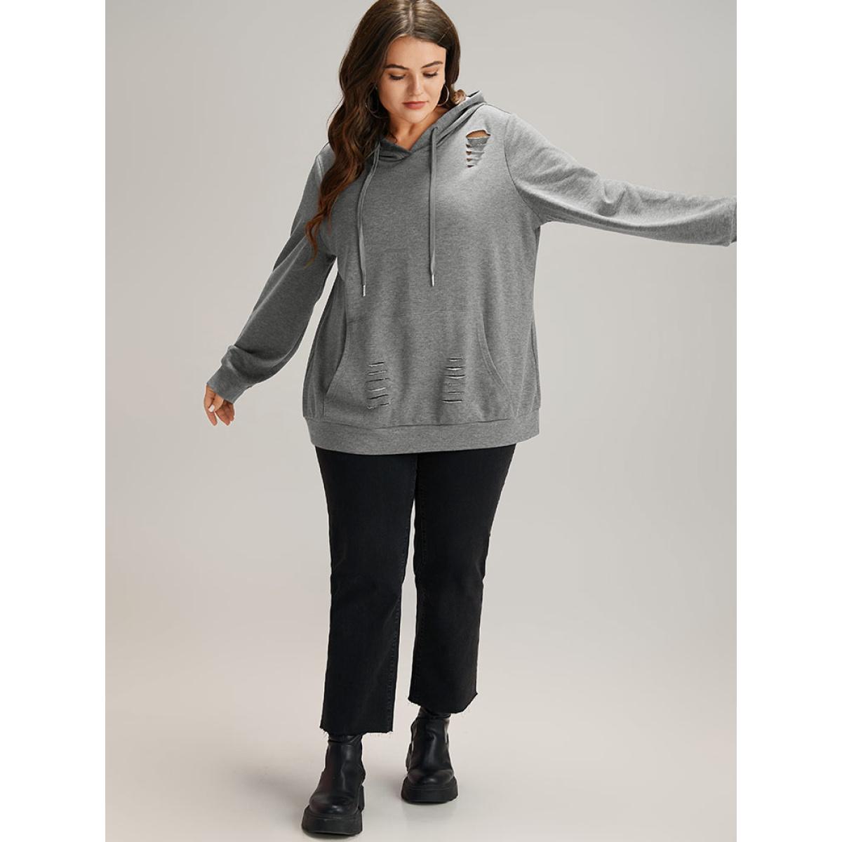 Plus Size Plain Distressed Hooded Drawstring Sweatshirt Women DimGray Casual Elastic cuffs Hooded Dailywear Sweatshirts BloomChic 30/6X Product Image