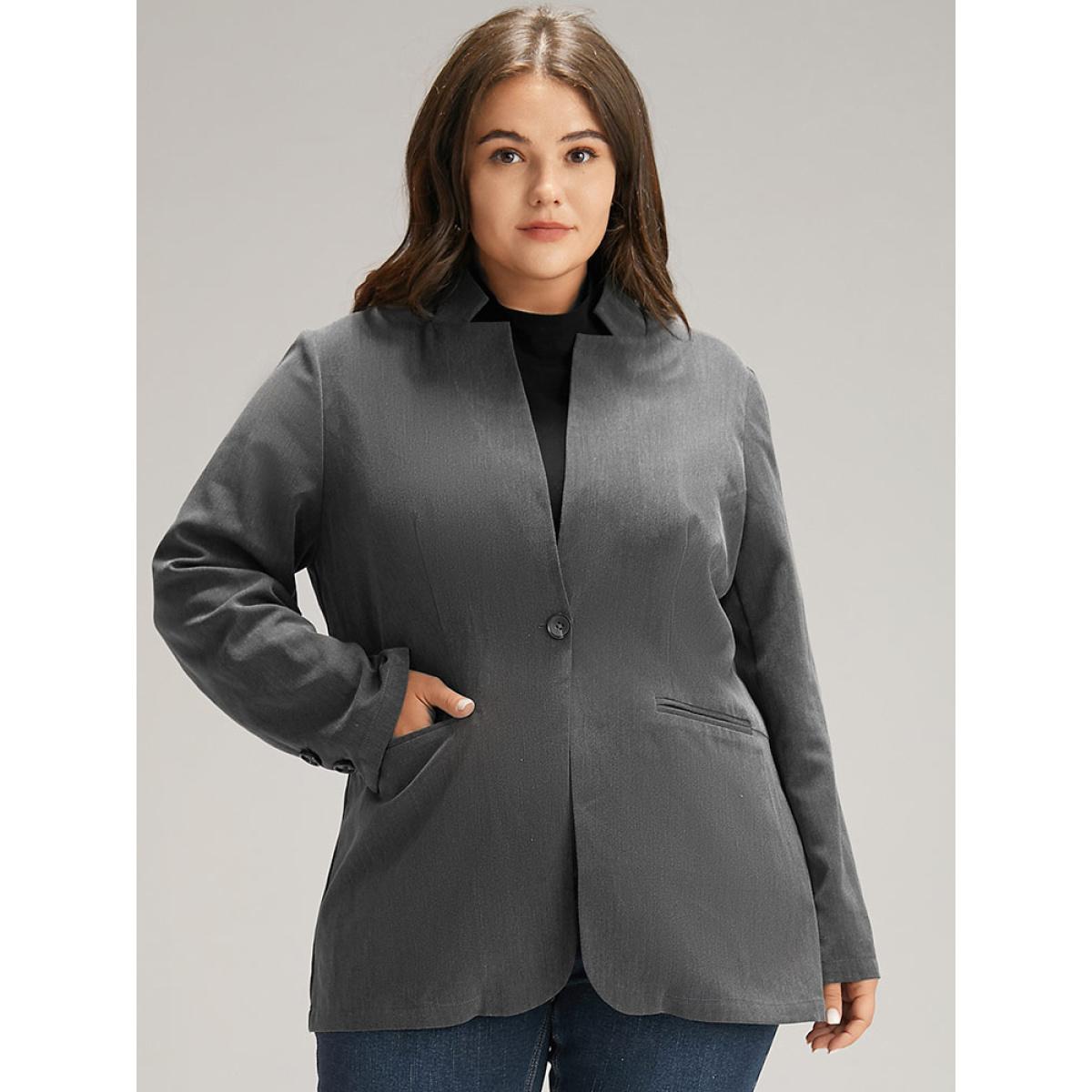 Plus Size Stand Collar Button Up Pocket Blazer Gray Women Office Plain Plain Sleeve Long Sleeve Stand-up collar 30/6X Pocket Office Blazers BloomChic Product Image