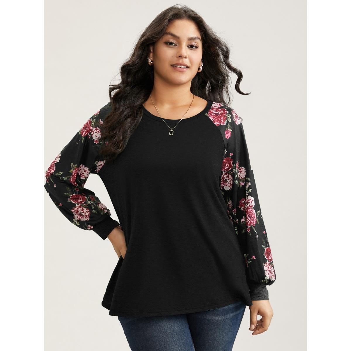 Plus Size Floral Patchwork Crew Neck Raglan Sleeve T-shirt Black Women Elegant Printed Floral Round Neck Dailywear T-shirts BloomChic 12/L Product Image