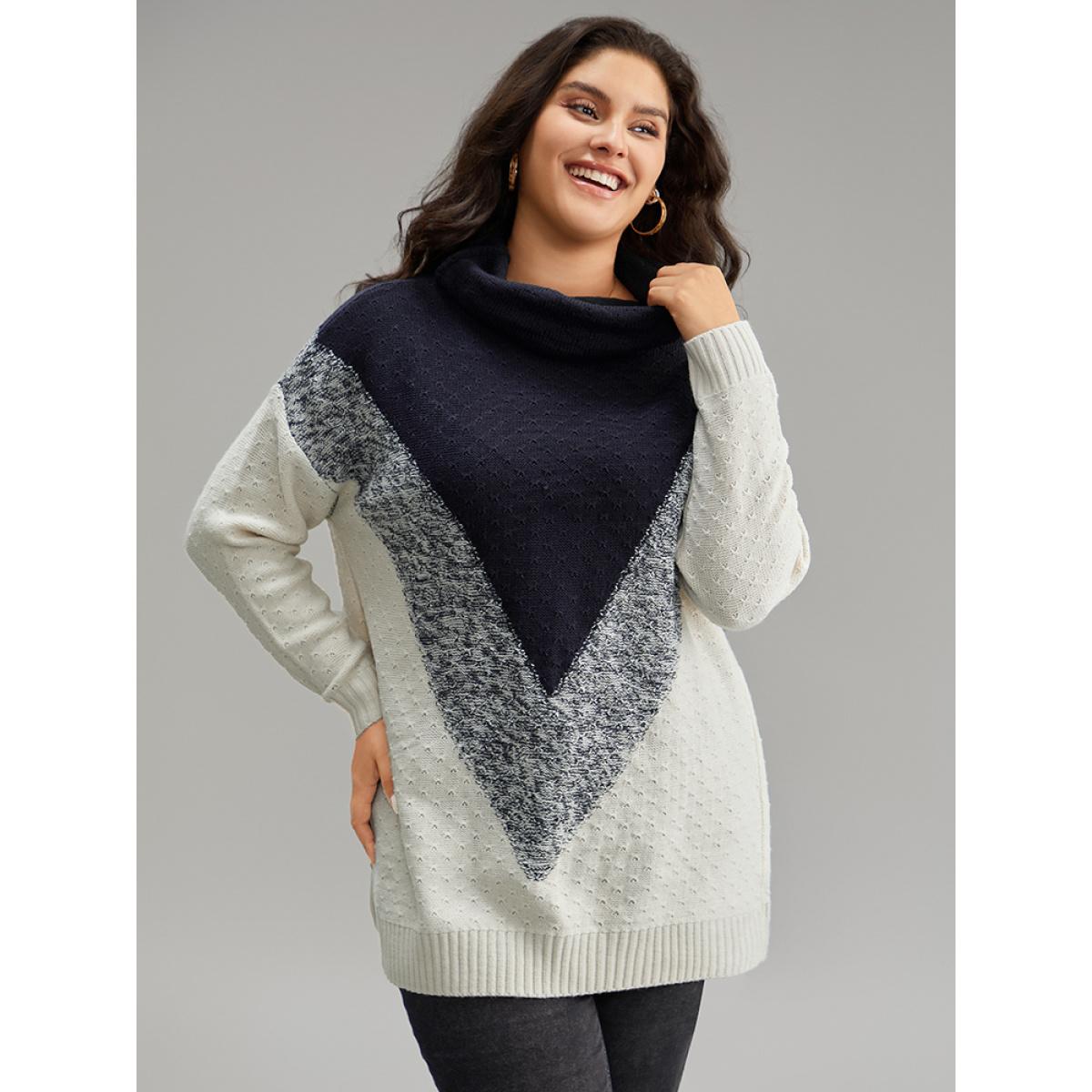 Plus Size Heather Colorblock Turtle Neck Pullover Midnight Women Casual Loose Long Sleeve Round Neck Dailywear Pullovers BloomChic 22-24/3X Product Image