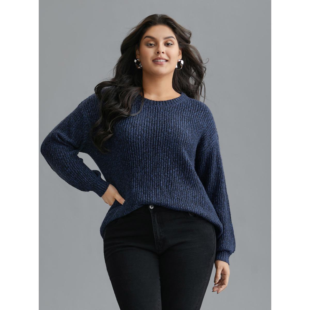 Plus Size Back Cut-Out Textured Drop Shoulder Sleeve Pullover Indigo Women Casual Loose Long Sleeve Round Neck Everyday Pullovers BloomChic 18-20/2X Product Image