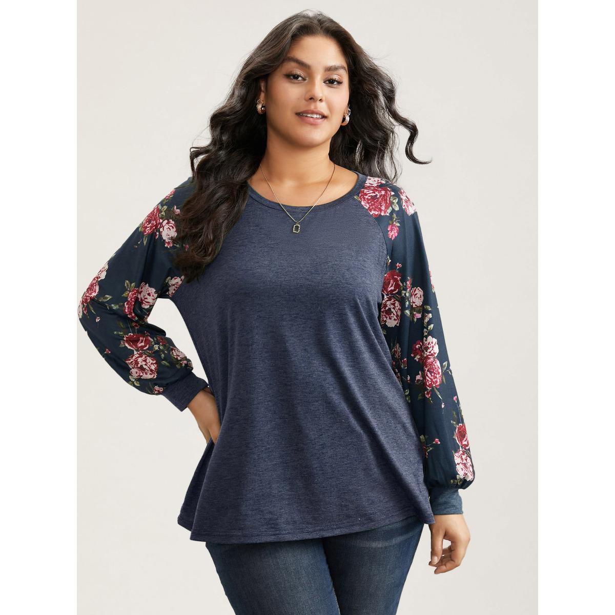 Plus Size Floral Patchwork Crew Neck Raglan Sleeve T-shirt Indigo Women Elegant Printed Floral Round Neck Dailywear T-shirts BloomChic 26/4X Product Image