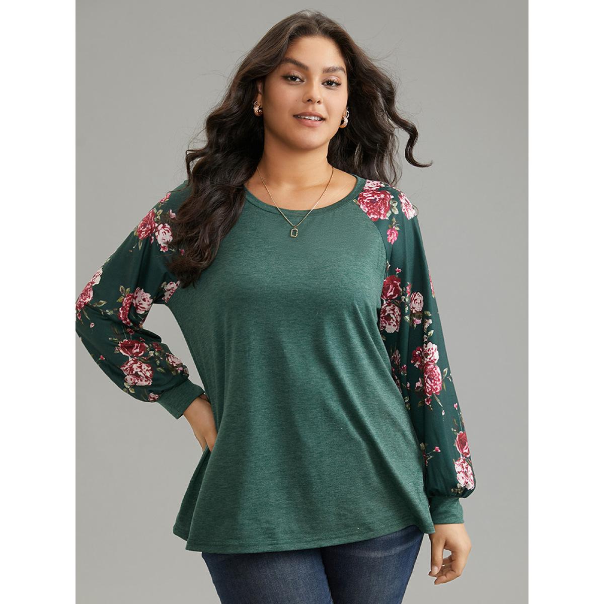 Plus Size Floral Patchwork Crew Neck Raglan Sleeve T-shirt DarkGreen Women Leisure Printed Floral Round Neck Casual T-shirts BloomChic 10/M Product Image