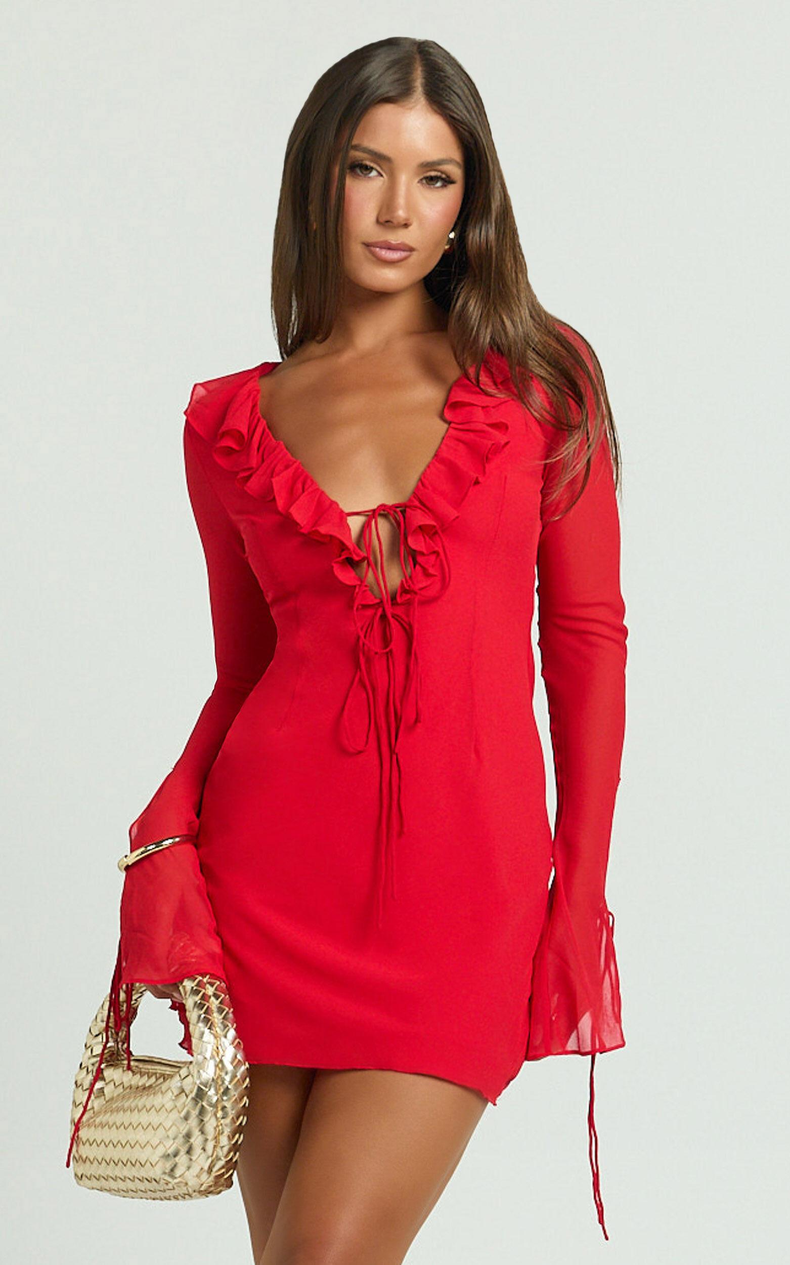 Alesya Mini Dress - Ruffle Plunge Neck Long Sleeve Tie Detail Dress in Red Product Image