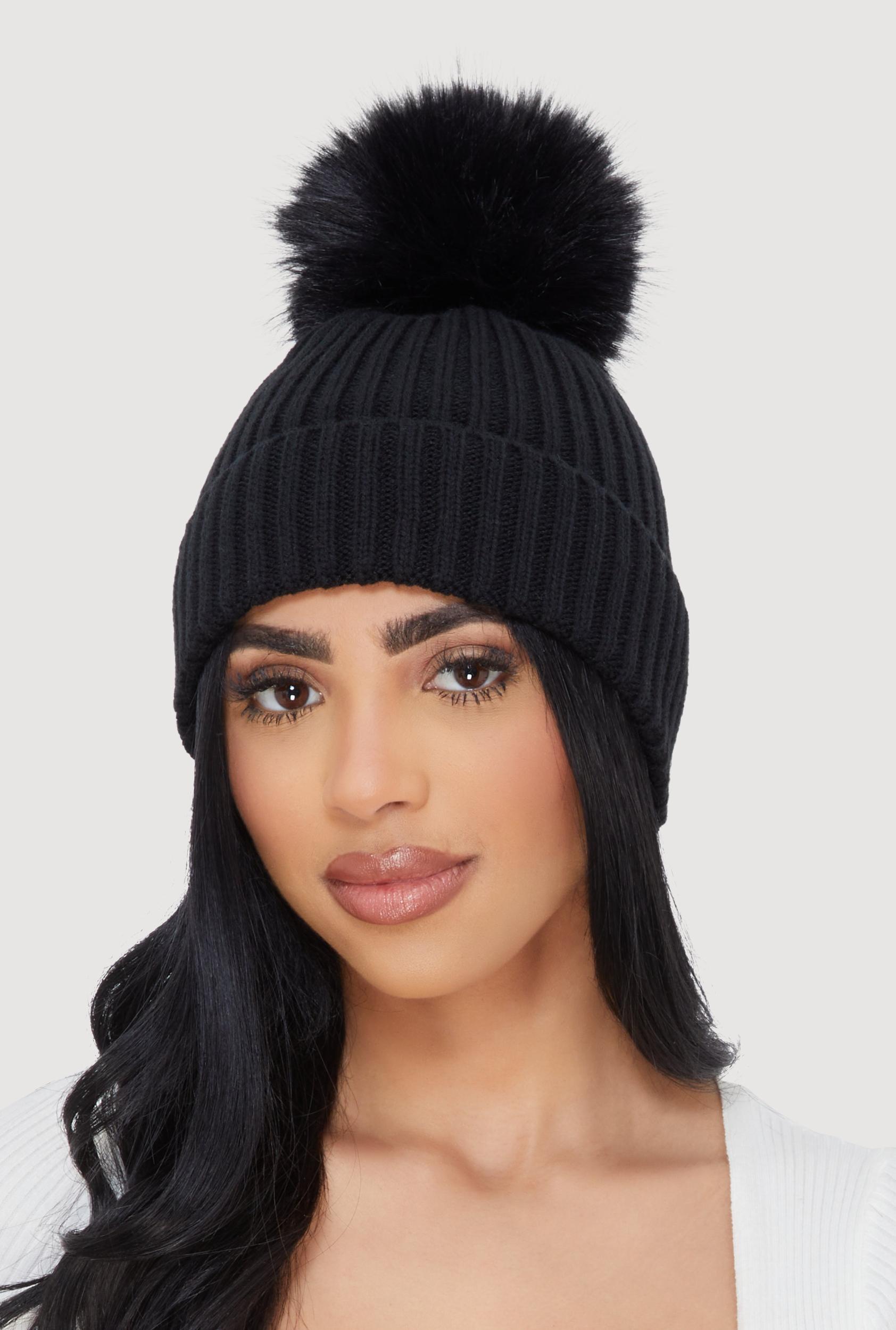 Trendy Faux Fur Pom Pom Detail Ribbed Knit Beanie Female Product Image