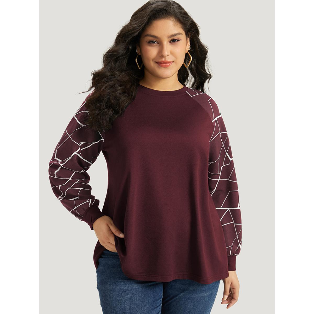 Plus Size Geometric Round Neck Raglan Sleeve Sweatshirt Women Burgundy Casual Elastic cuffs Round Neck Dailywear Sweatshirts BloomChic 12/L Product Image