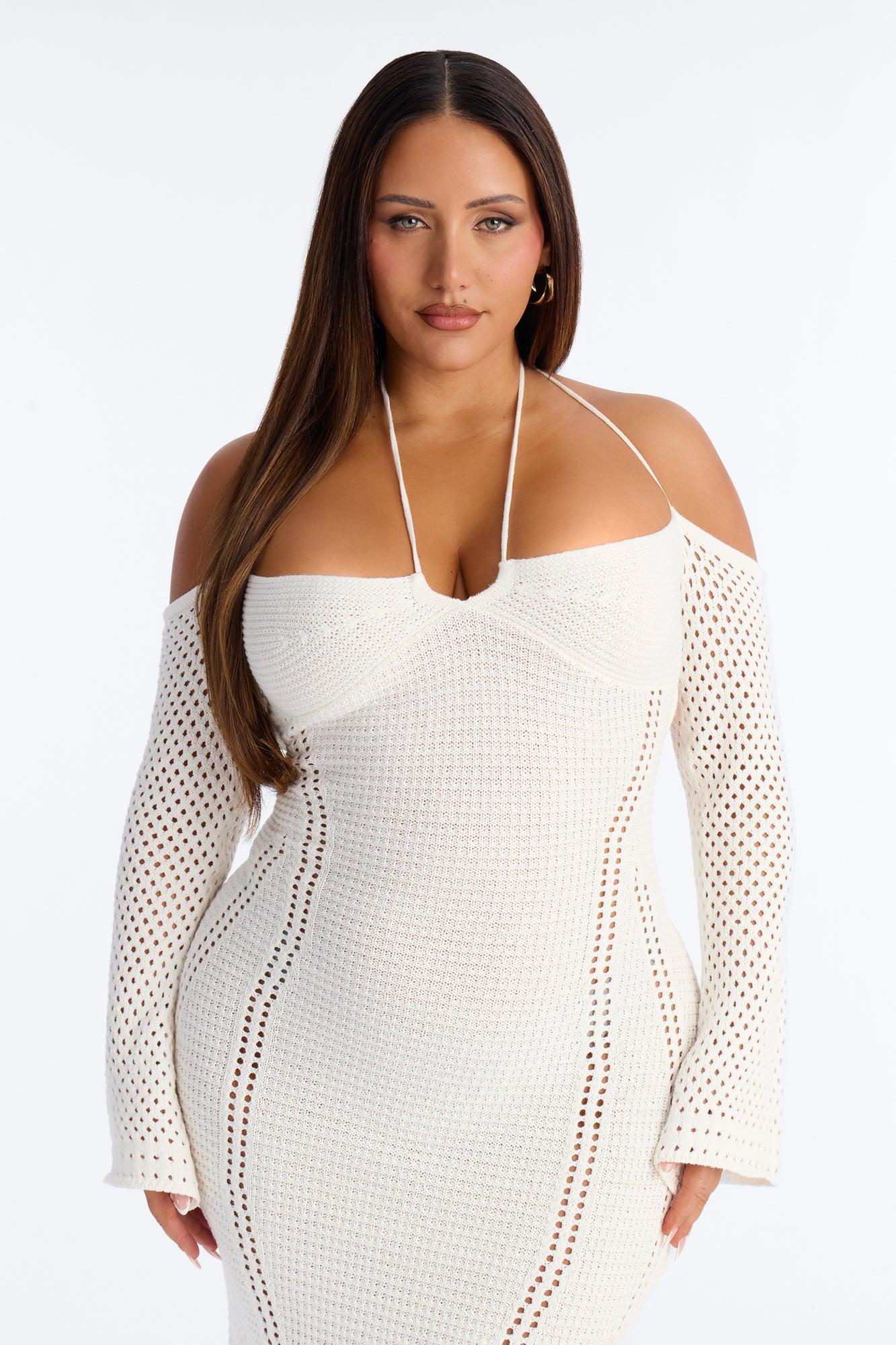 Wanderlust Backless Crochet Maxi Dress - Cream Female Product Image
